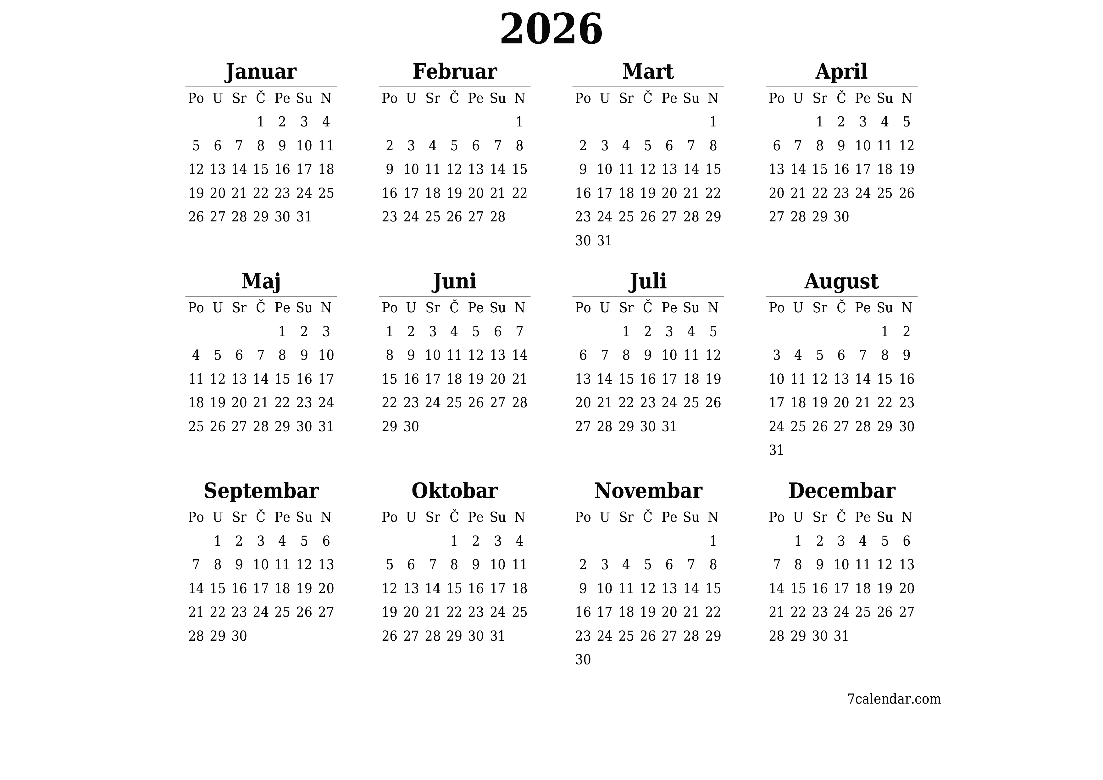 Ispraznite godišnji kalendar planera za godinu 2026 s bilješkama, spremite i ispišite u PDF PNG Bosnian