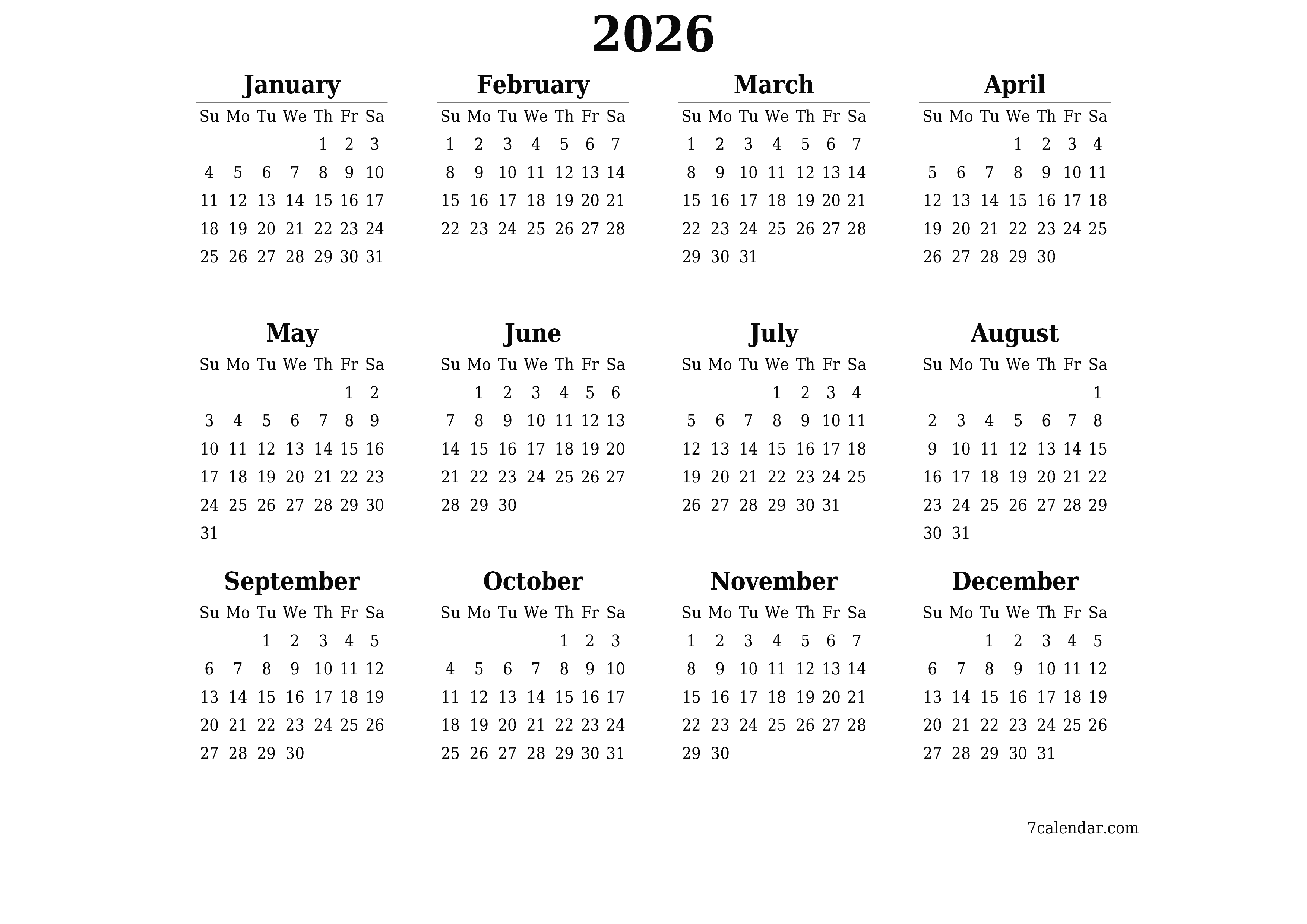 printable wall template free horizontal Yearly calendar March (Mar) 2026