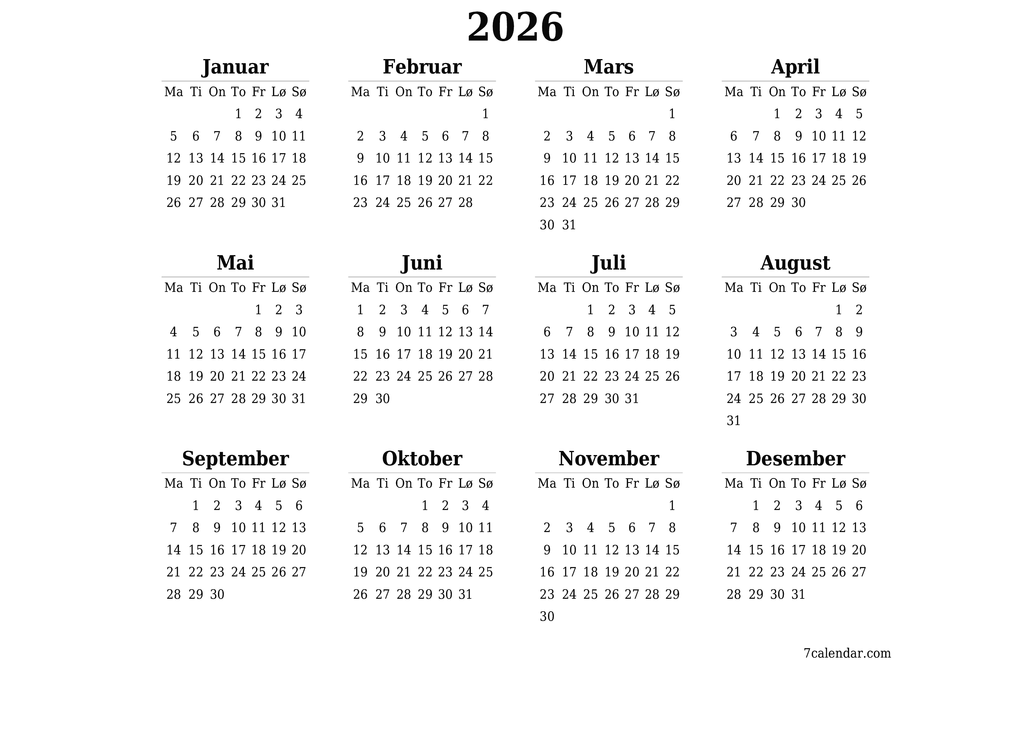 Tom årlig planleggerkalender for året 2026 med notater, lagre og skrive ut i PDF PNG Norwegian