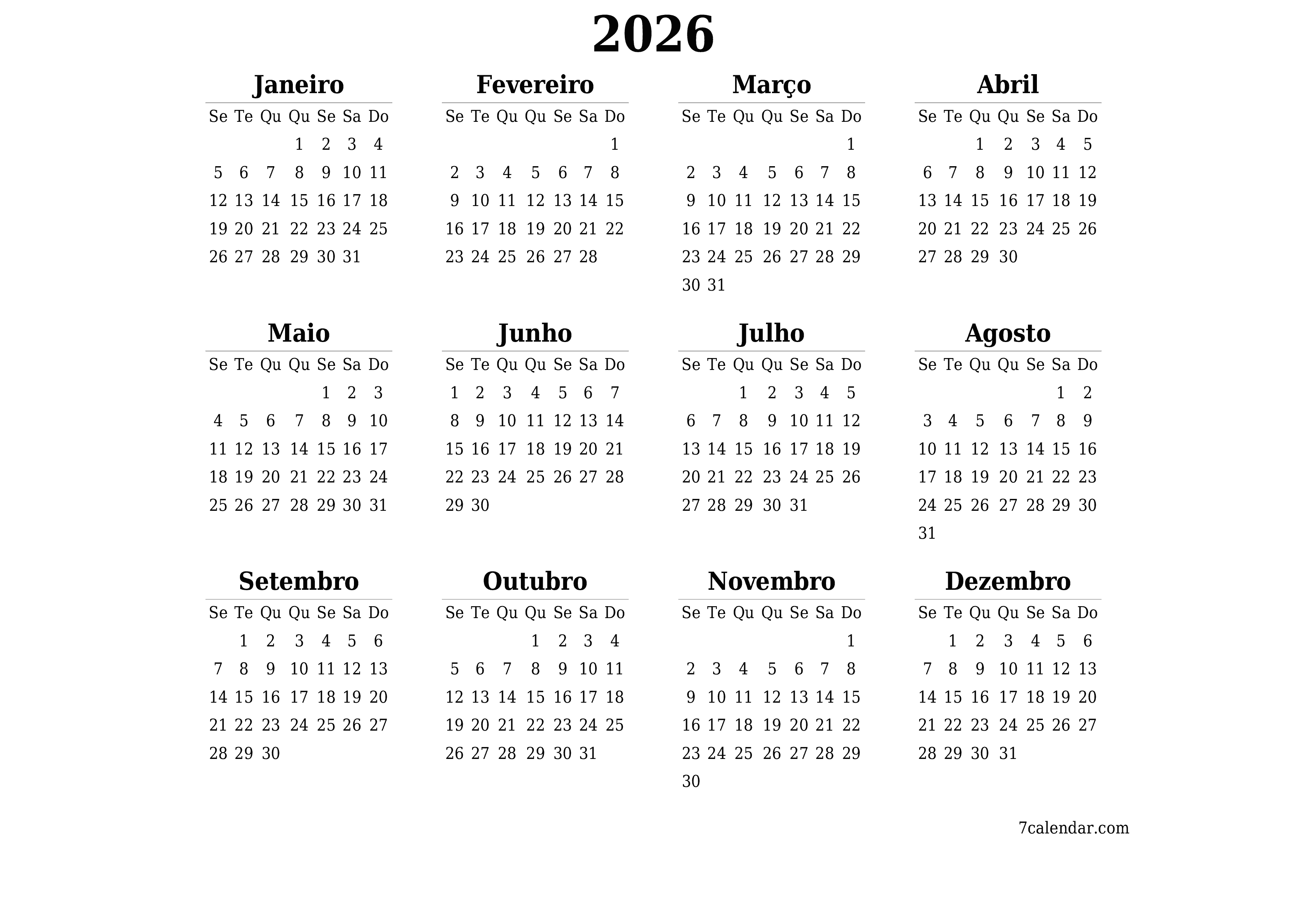 Calendário de planejador anual vazio para o ano 2026 com notas, salve e imprima em PDF PNG Portuguese