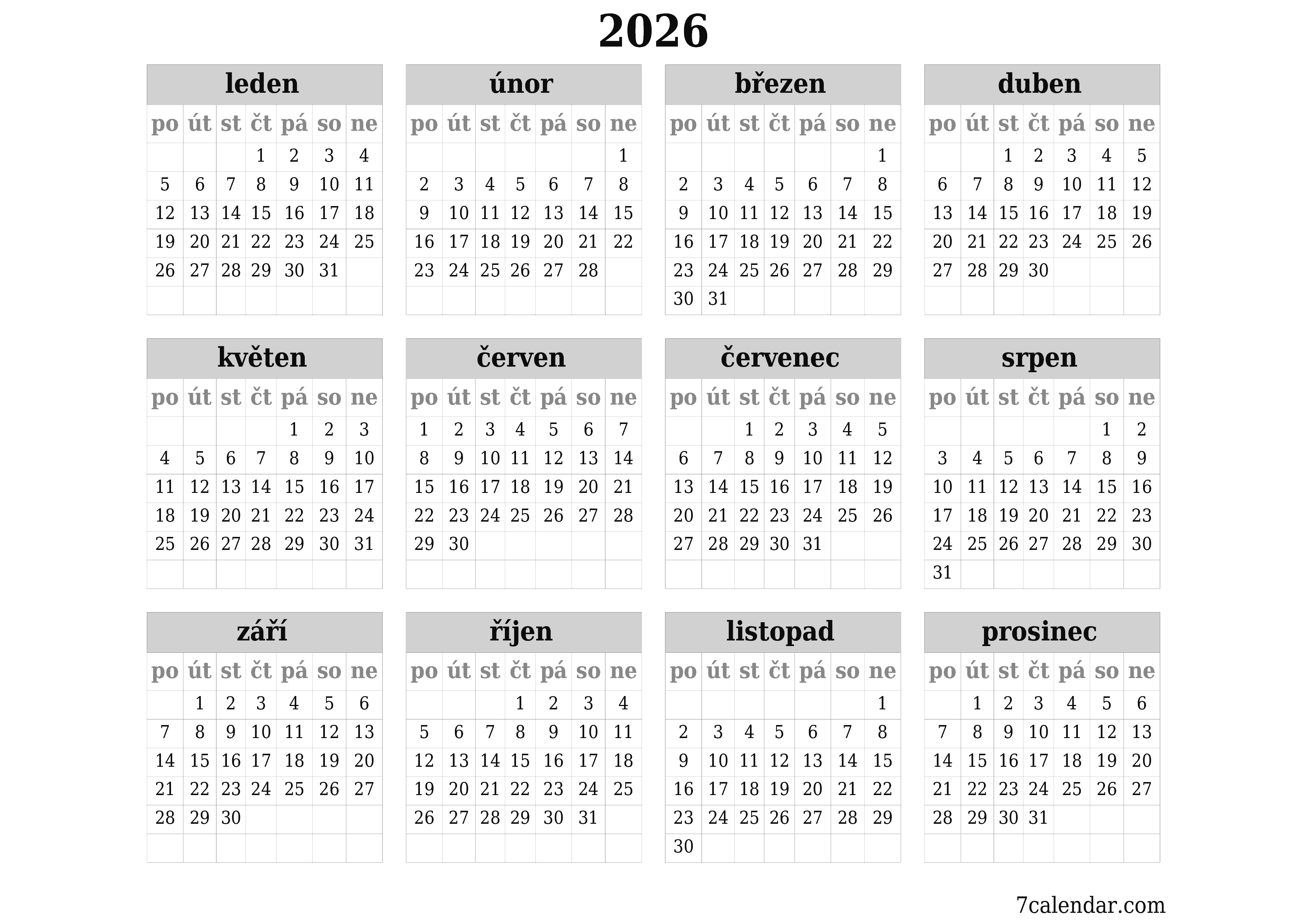 Prázdný roční kalendář plánovače pro rok 2026 s poznámkami, uložením a tiskem do PDF PNG Czech