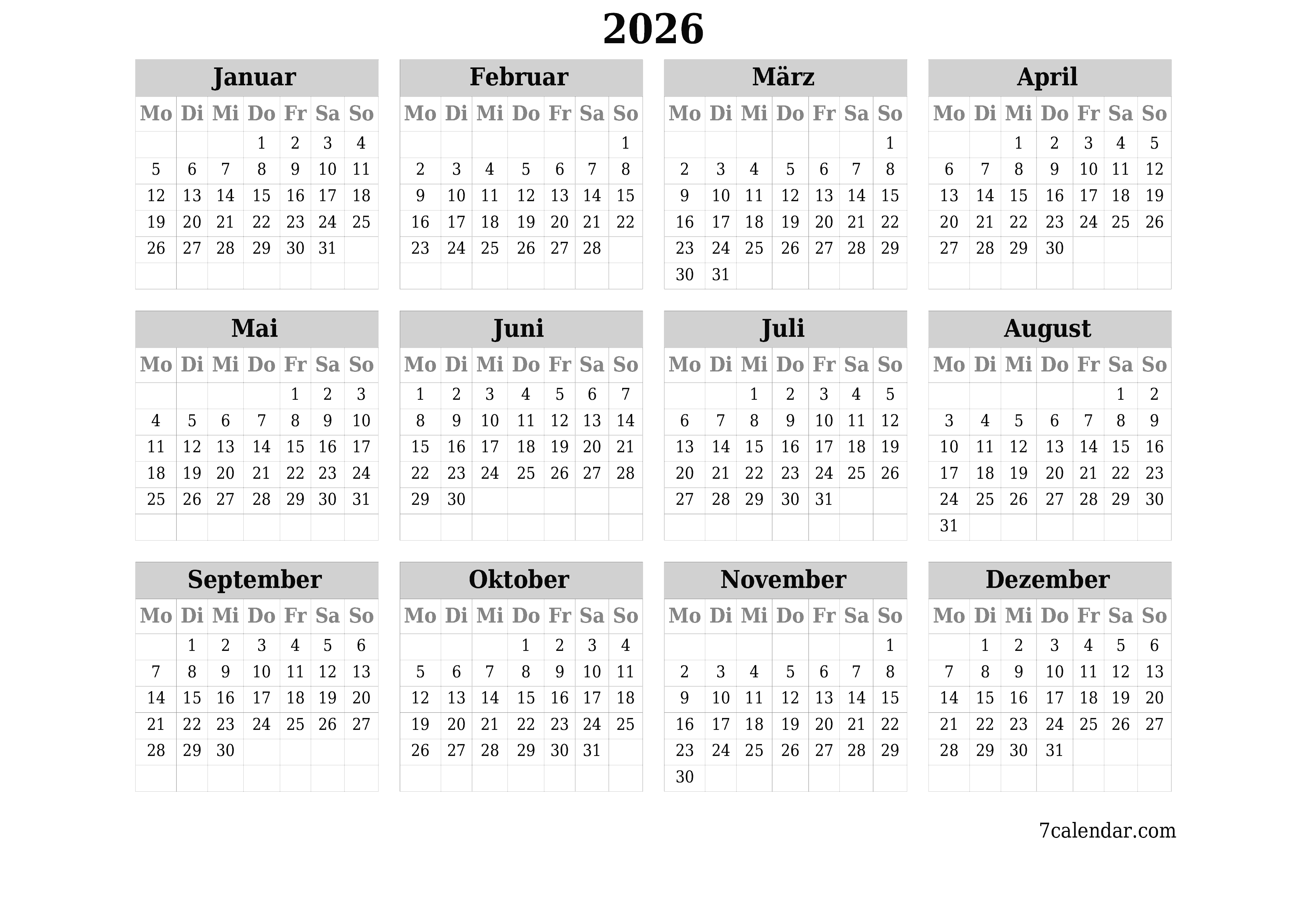 Jahresplanerkalender für das Jahr 2026 mit Notizen leeren, speichern und als PDF PNG German - 7calendar.com drucken