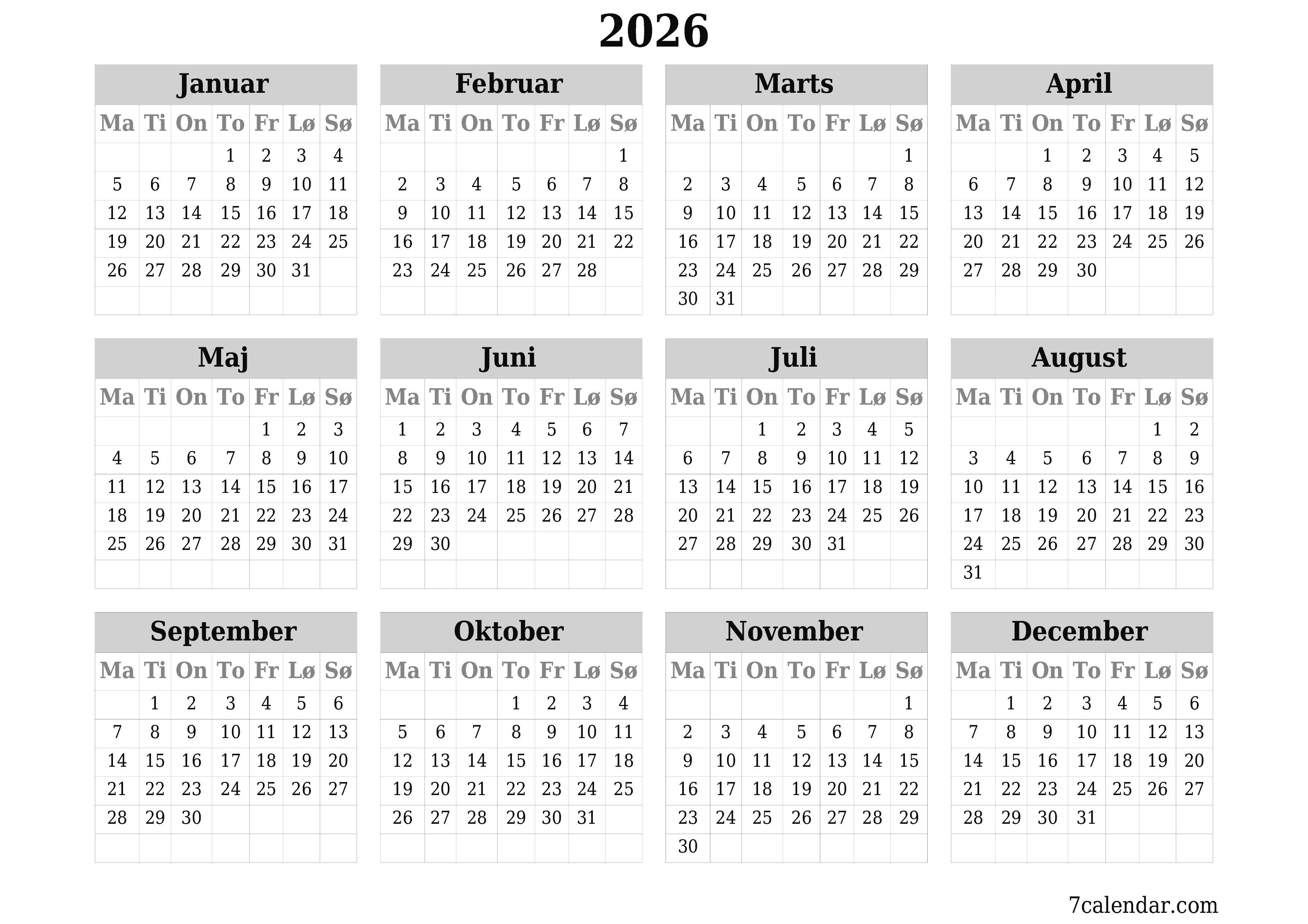 Tom årlig planlægningskalender for året 2026 med noter, gem og udskriv til PDF PNG Danish