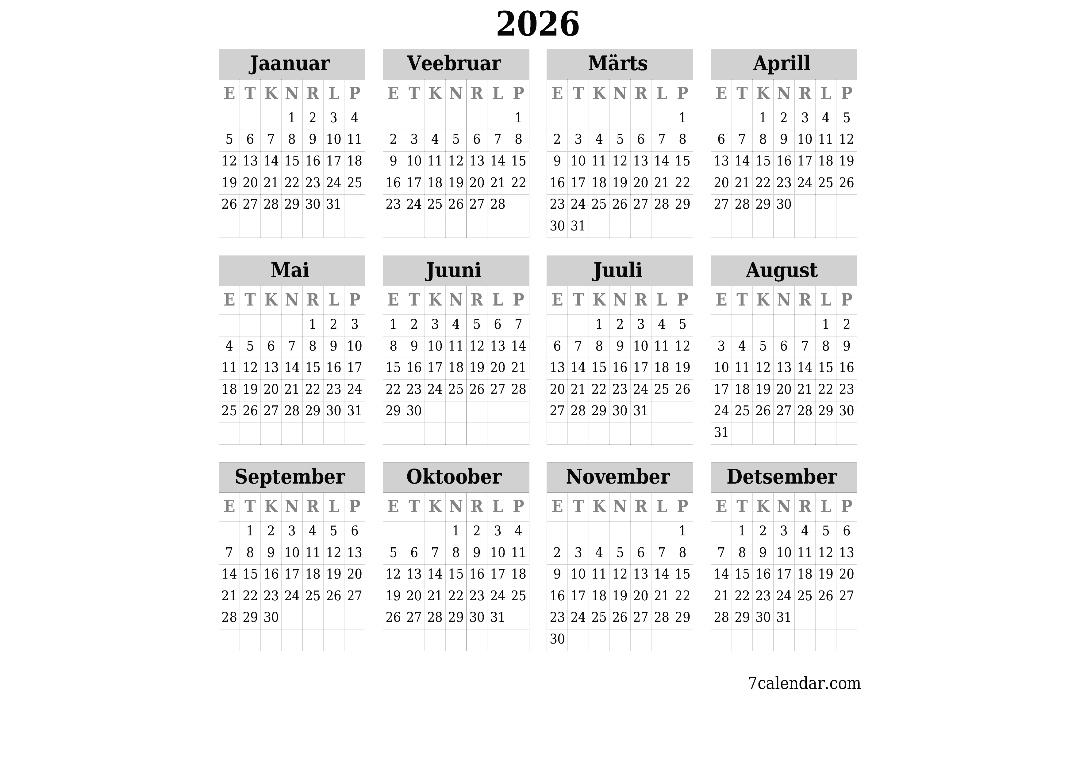 Tühi aasta planeerija kalender aastaks 2026 koos märkmetega, salvestage ja printige PDF-i PNG Estonian