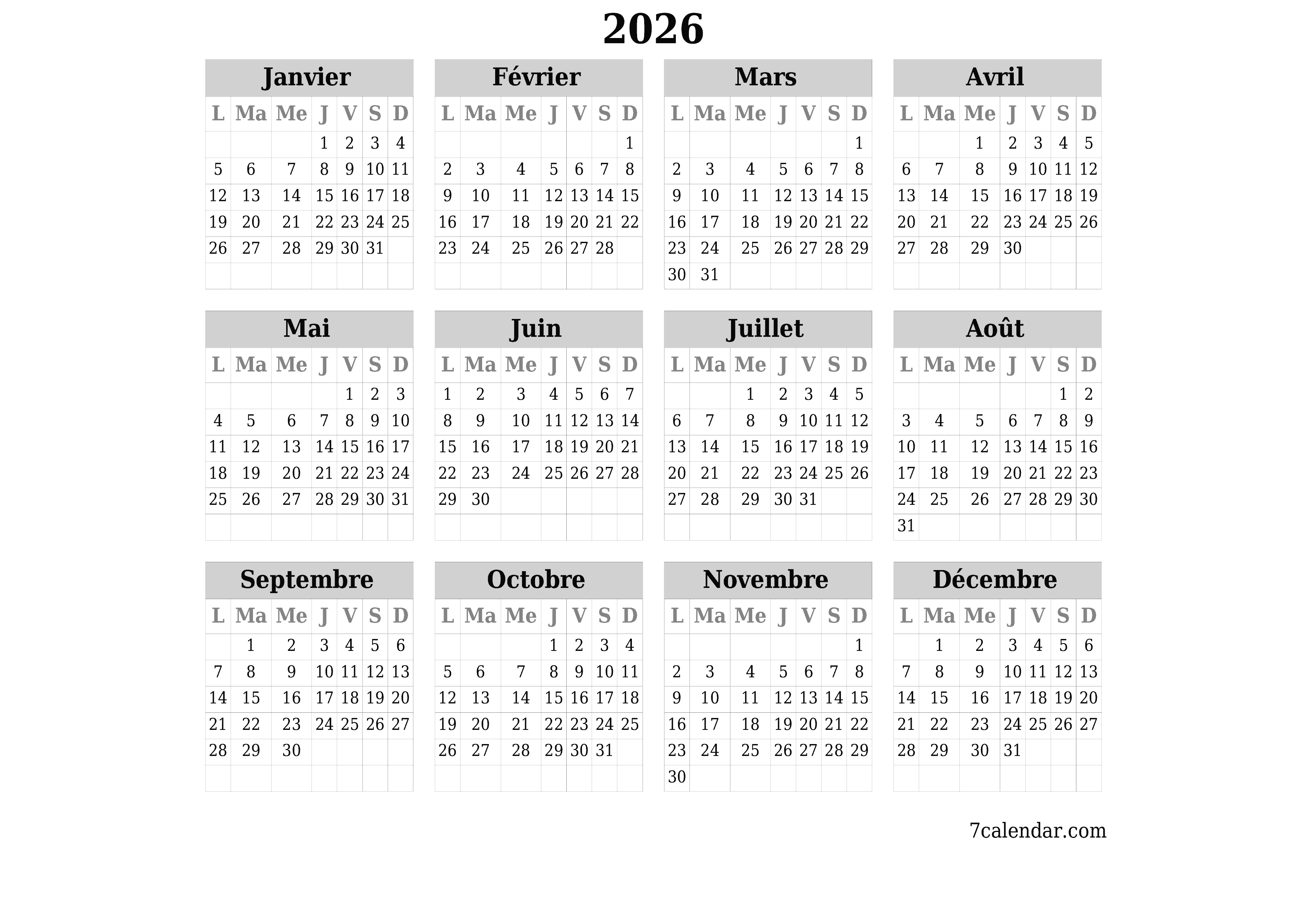 Calendrier annuel vide pour l'année 2026 avec notes, enregistrer et imprimer au format PDF PNG French
