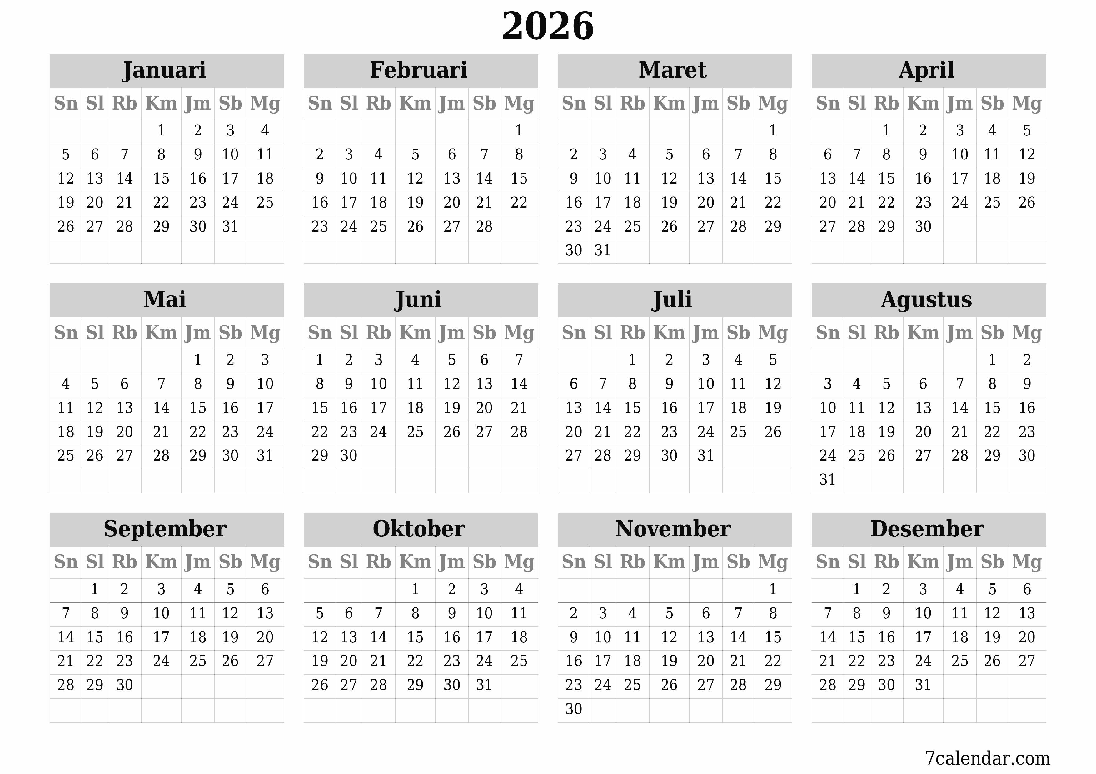 Kosongkan kalender perencana tahunan untuk tahun ini 2026 dengan catatan, simpan dan cetak ke PDF PNG Indonesian