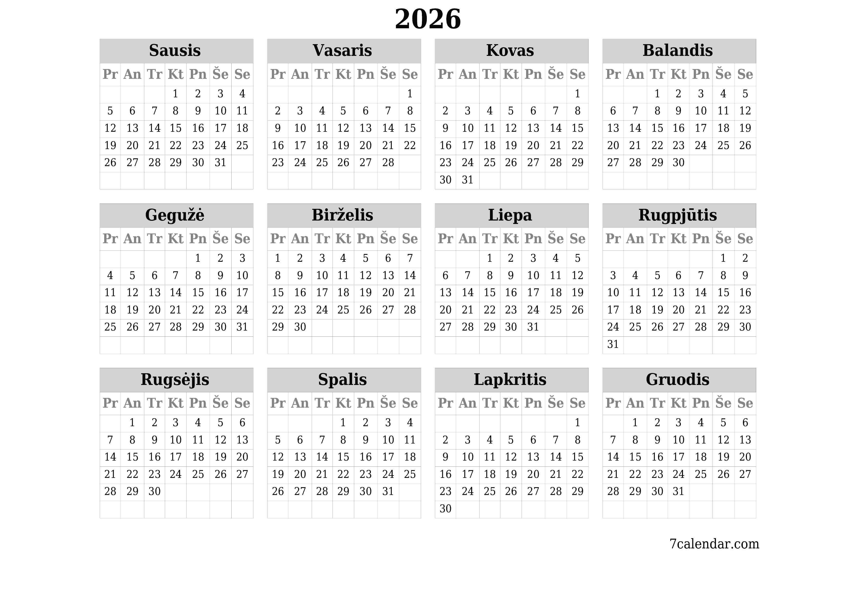 Tuščias metų planavimo kalendorius 2026 su užrašais, išsaugokite ir atsispausdinkite PDF formatu PNG Lithuanian