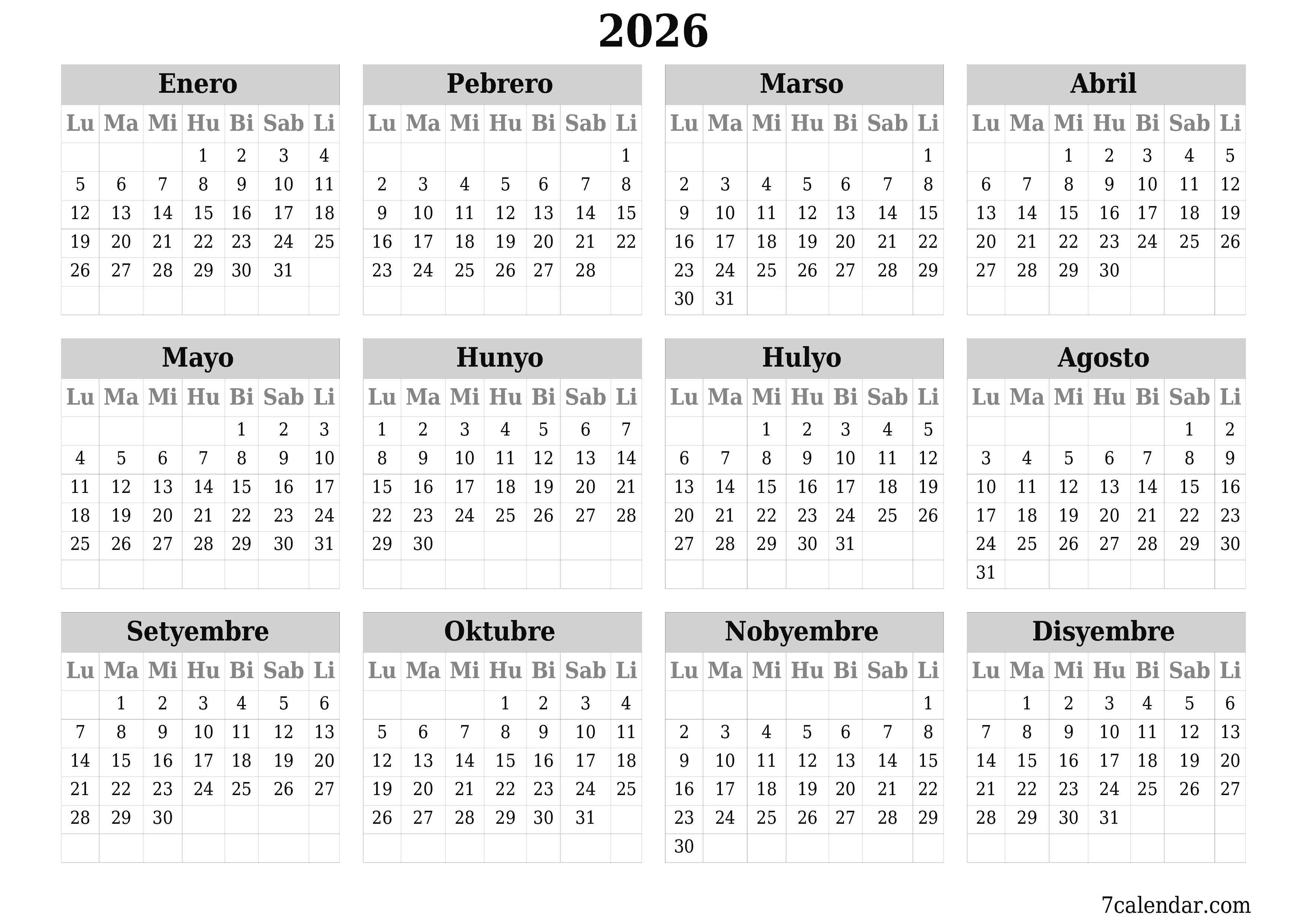 Walang laman ang taunang kalendaryo ng tagaplano para sa taong 2026 na may mga tala, i-save at i-print sa PDF PNG Filipino