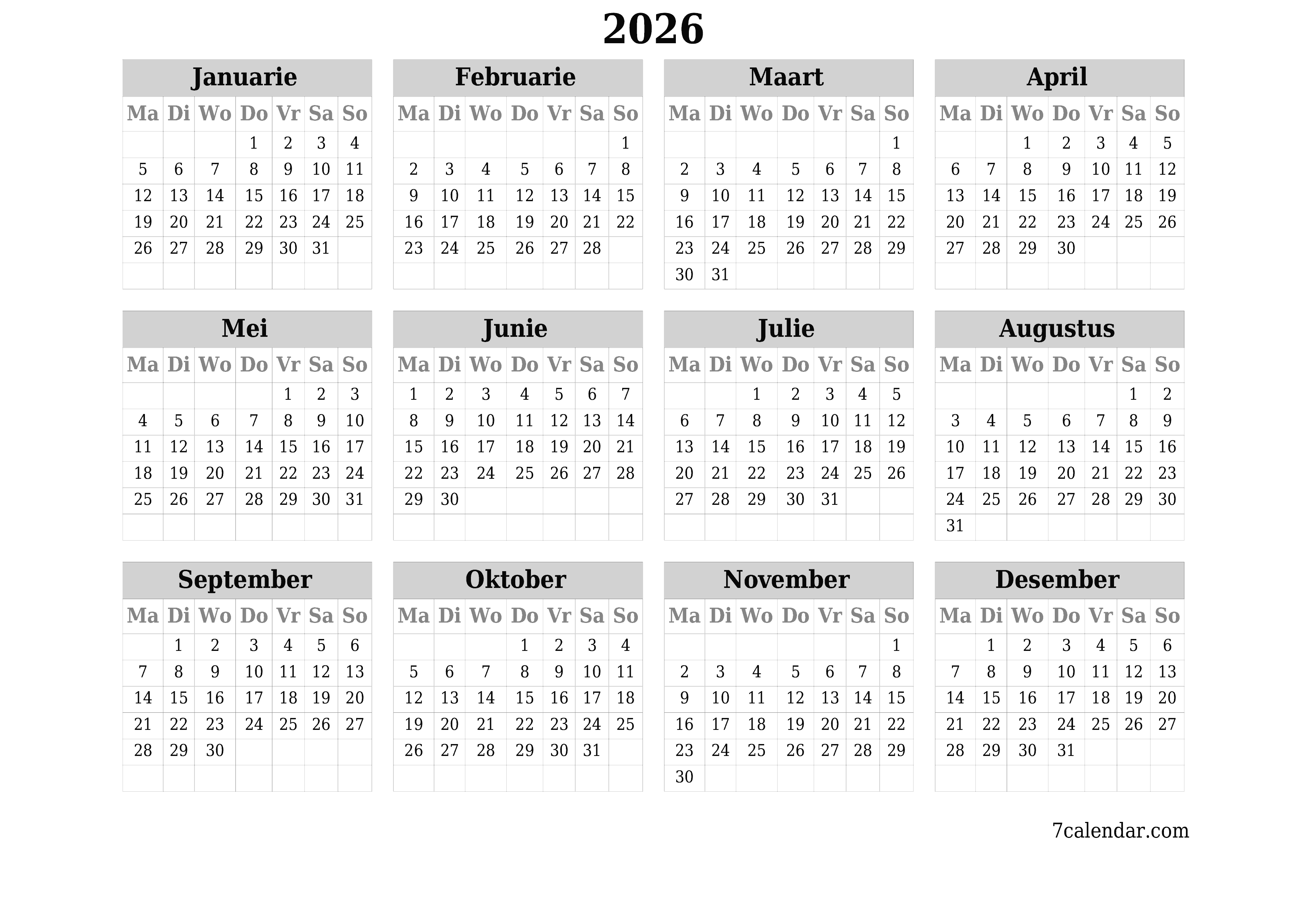 Leë jaarlikse drukbare kalender en beplanner vir die jaar 2026 met notas, stoor en druk na PDF PNG Afrikaans