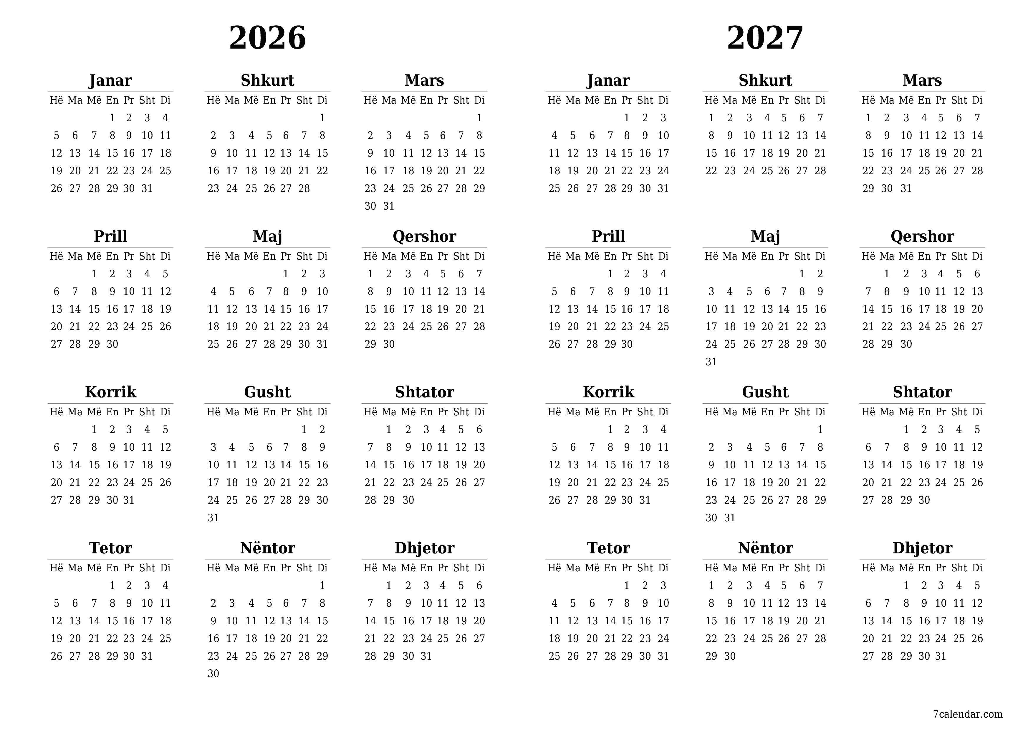 Planifikuesi bosh i kalendarit vjetor për vitin 2026, 2027 me shënime, ruani dhe printoni në PDF PNG Albanian