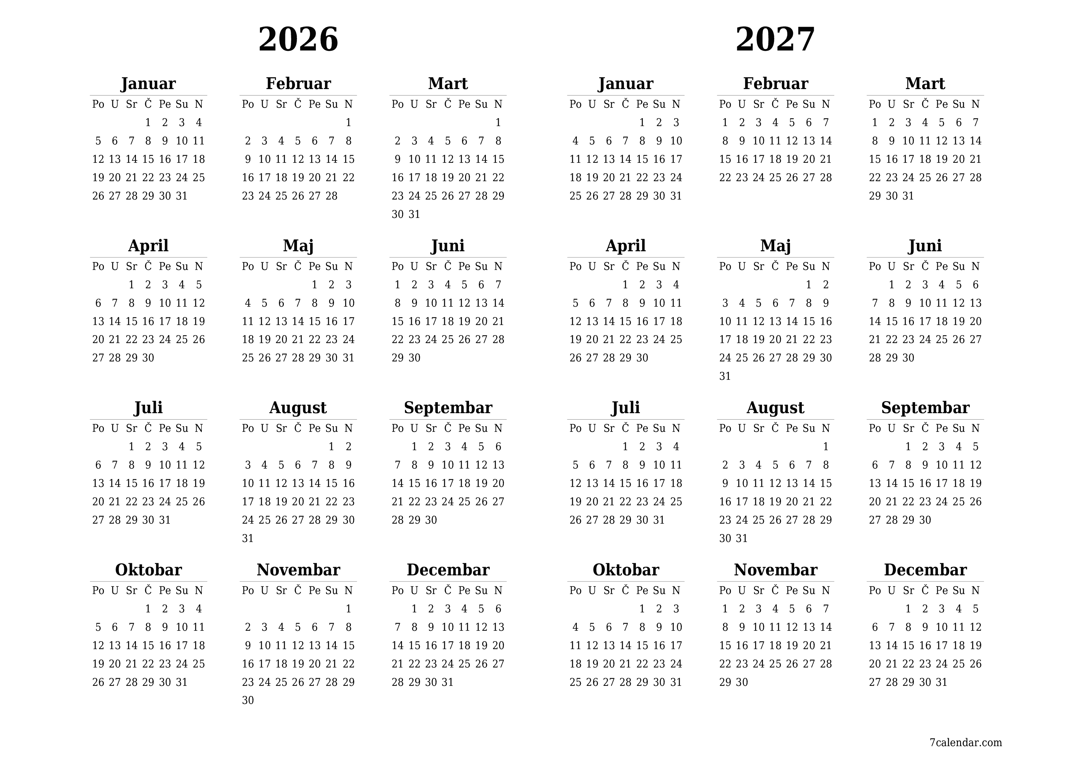 Ispraznite godišnji kalendar planera za godinu 2026, 2027 s bilješkama, spremite i ispišite u PDF PNG Bosnian