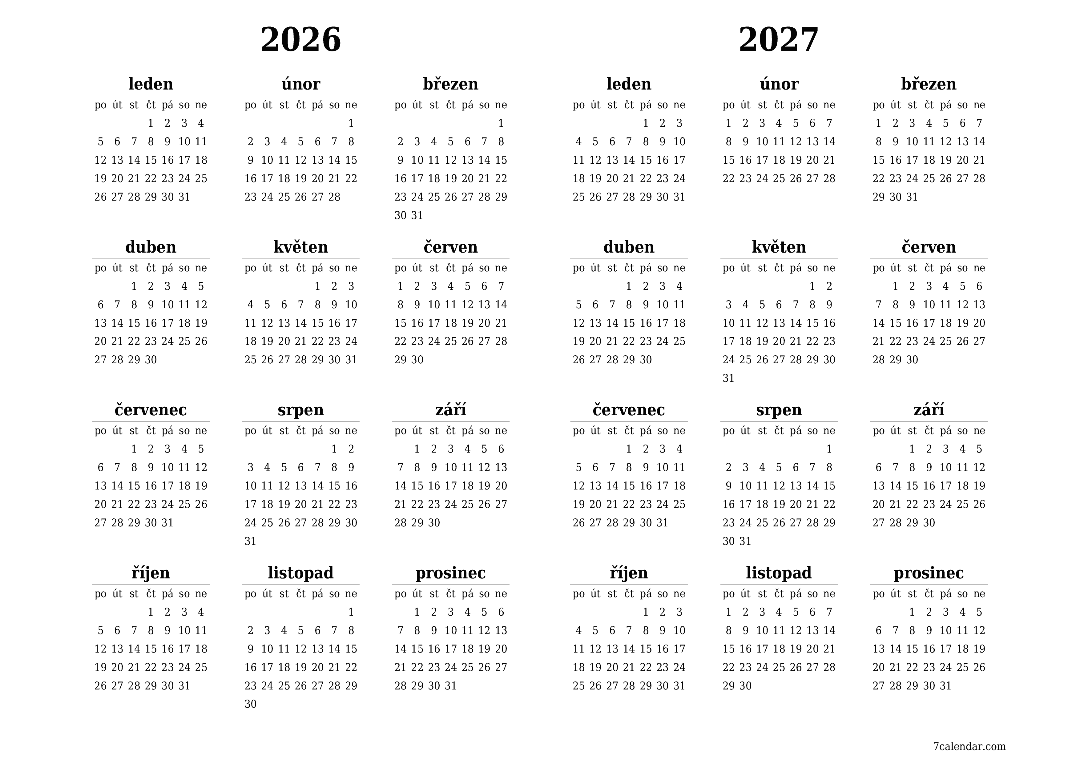 Prázdný roční kalendář plánovače pro rok 2026, 2027 s poznámkami, uložením a tiskem do PDF PNG Czech