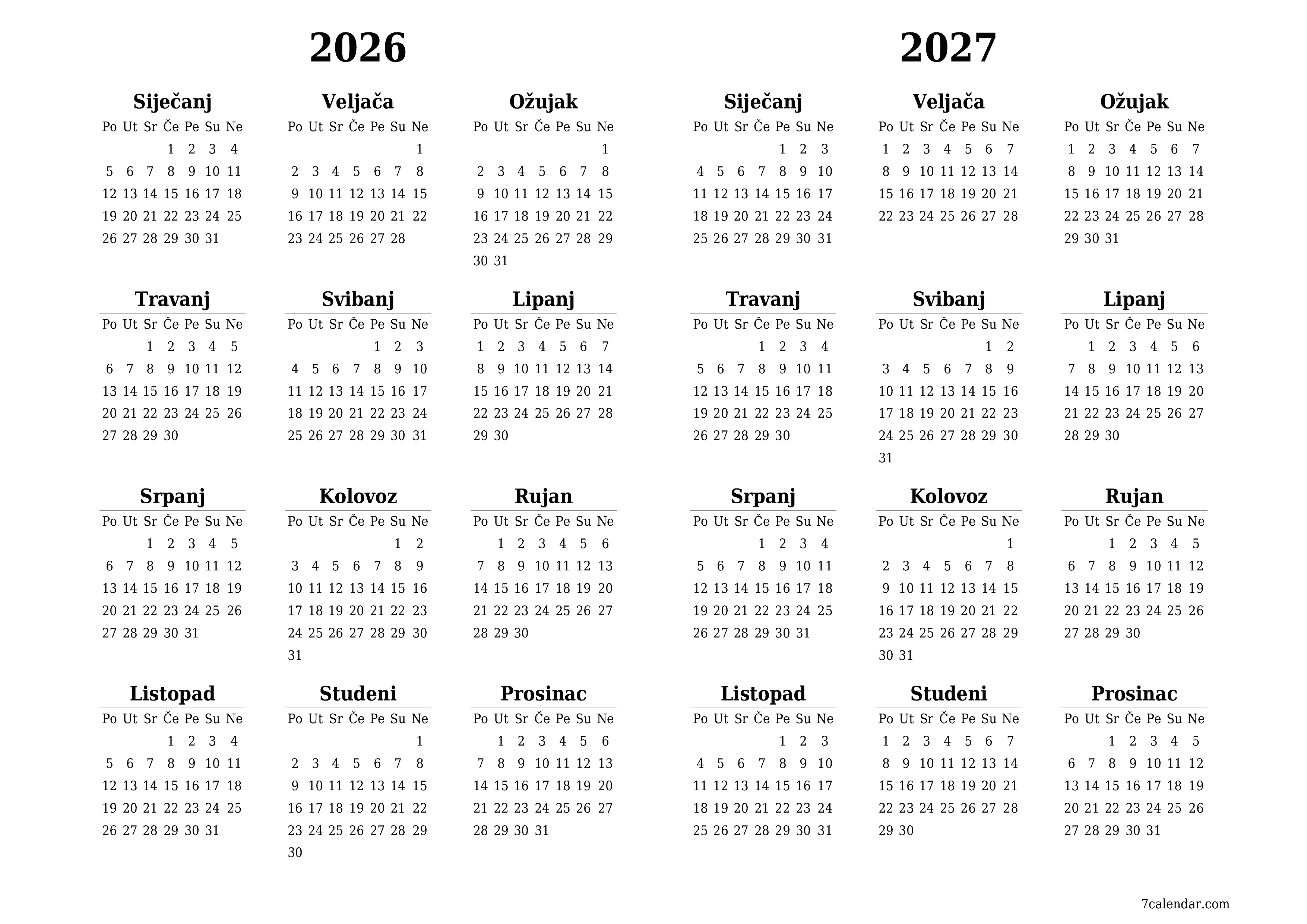 Ispraznite godišnji kalendar planera za godinu 2026, 2027 s bilješkama, spremite i ispišite u PDF PNG Croatian