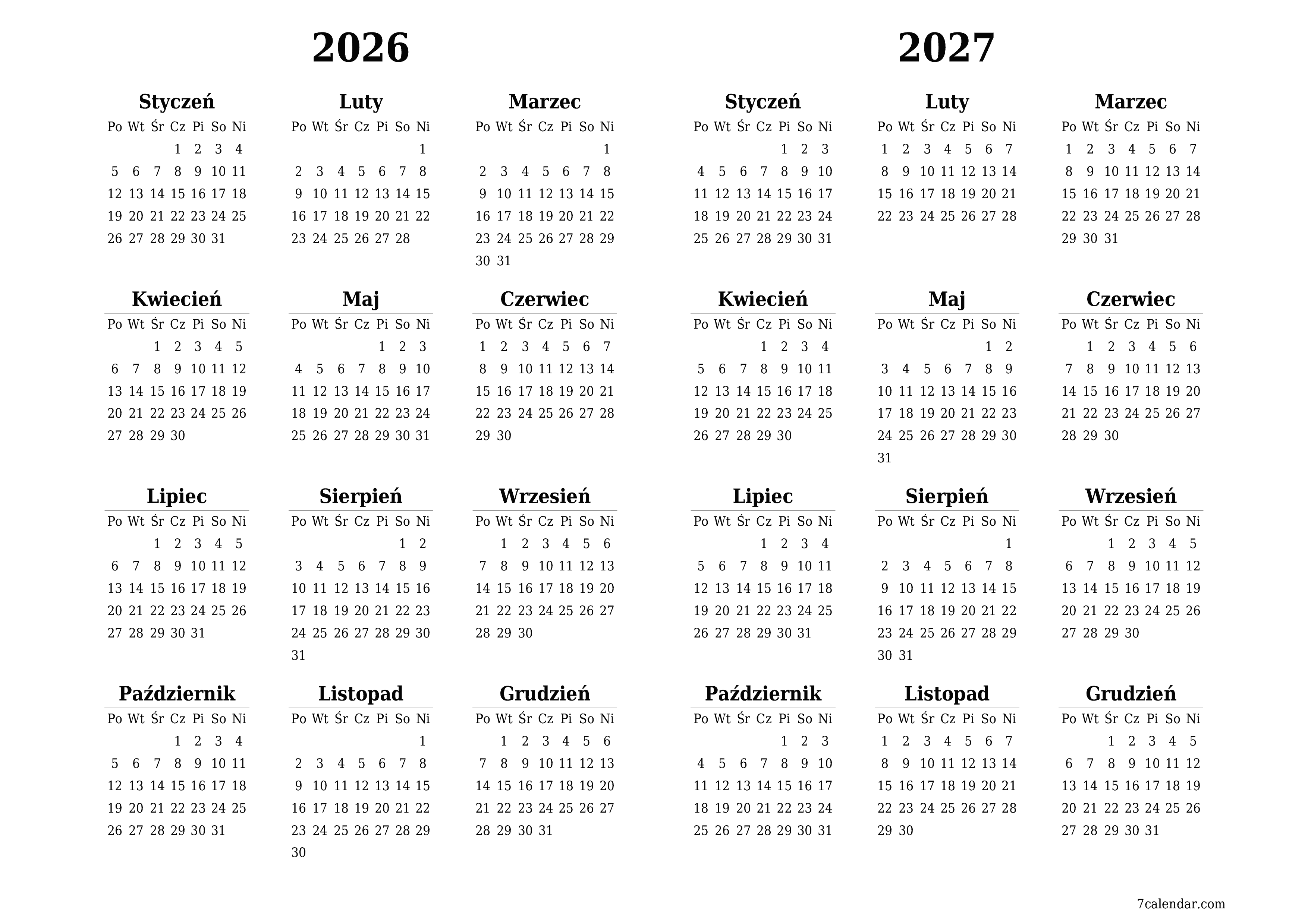 Opróżnij kalendarz rocznego planowania na rok 2026, 2027 z notatkami, zapisz i wydrukuj w formacie PDF PNG Polish