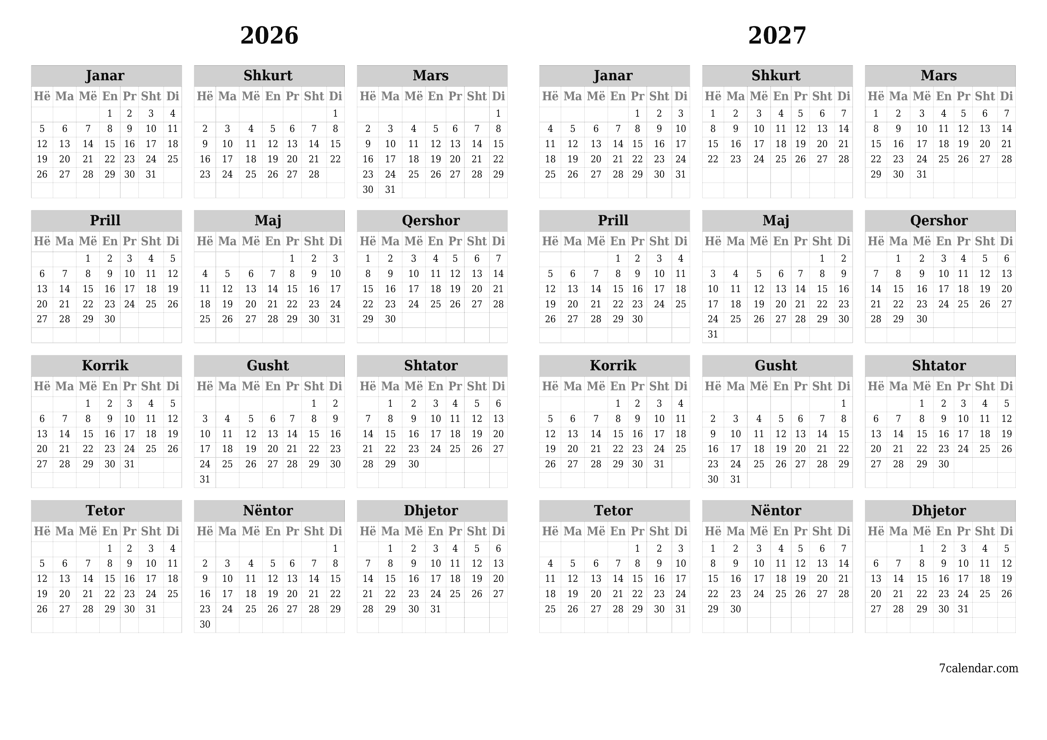 Planifikuesi bosh i kalendarit vjetor për vitin 2026, 2027 me shënime, ruani dhe printoni në PDF PNG Albanian