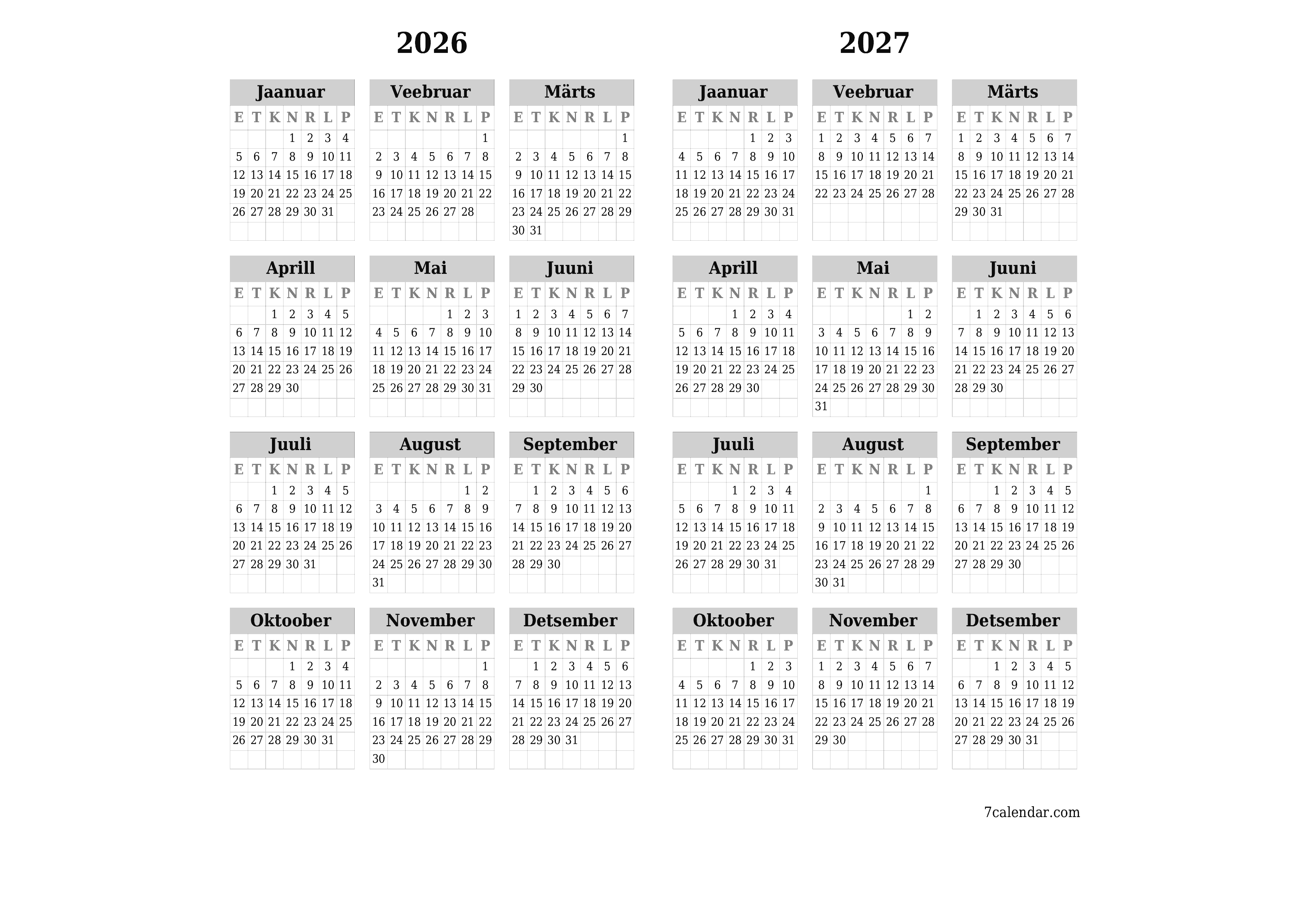 Tühi aasta planeerija kalender aastaks 2026, 2027 koos märkmetega, salvestage ja printige PDF-i PNG Estonian