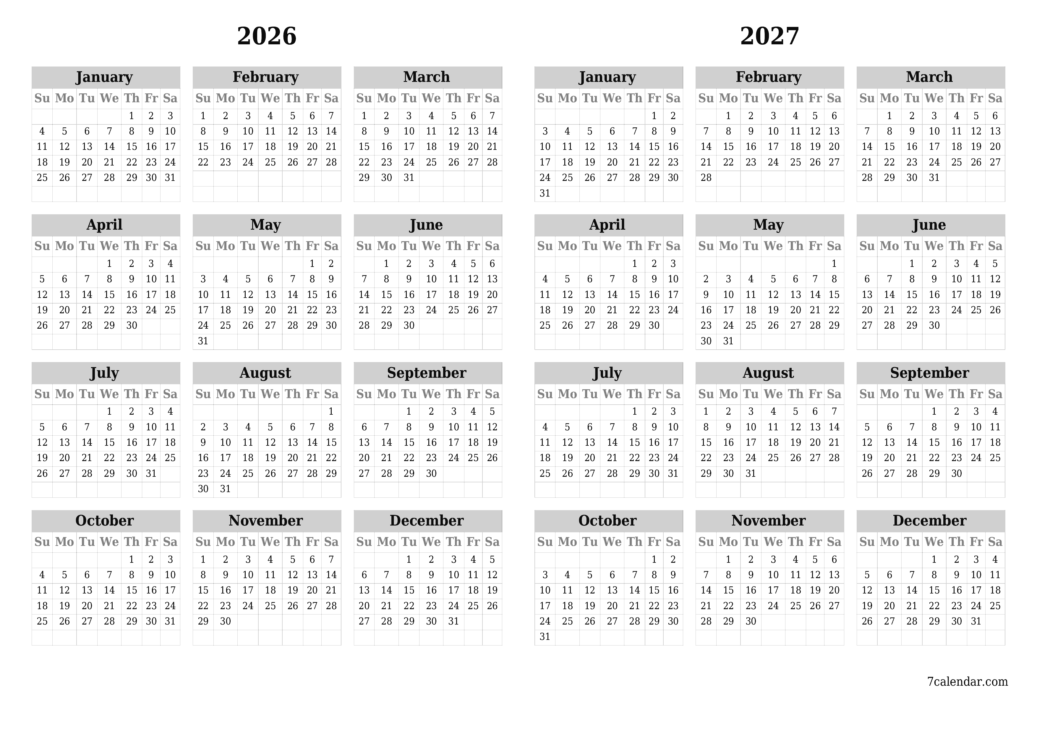printable wall template free horizontal Yearly calendar March (Mar) 2026