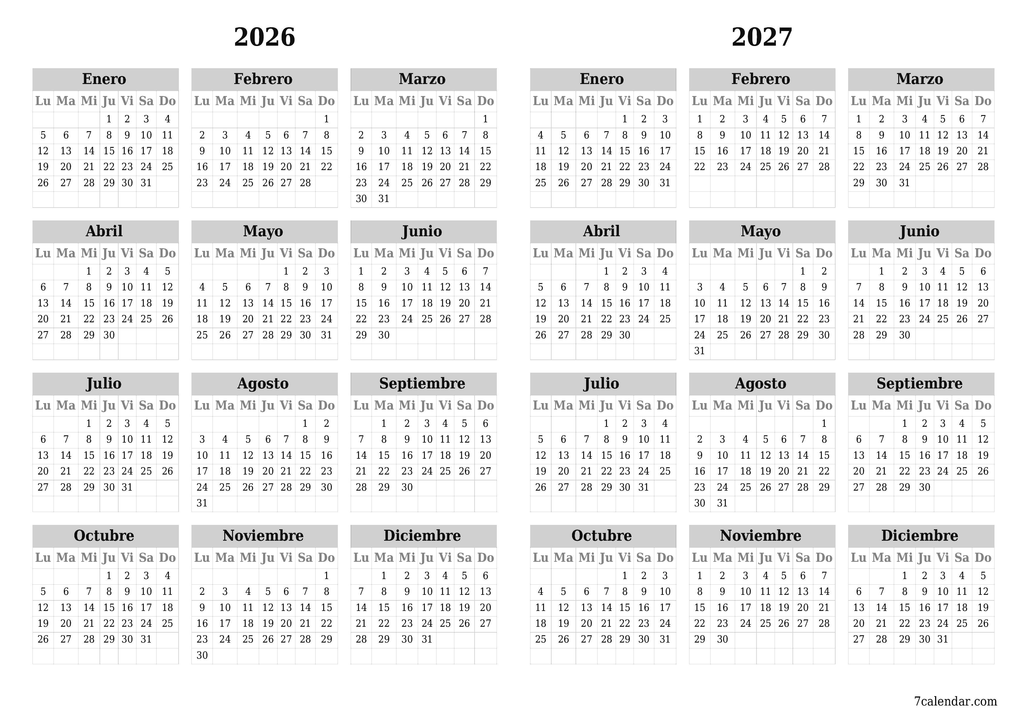 Calendario planificador anual vacío para el año 2026, 2027 con notas, guardar e imprimir en PDF PNG Spanish