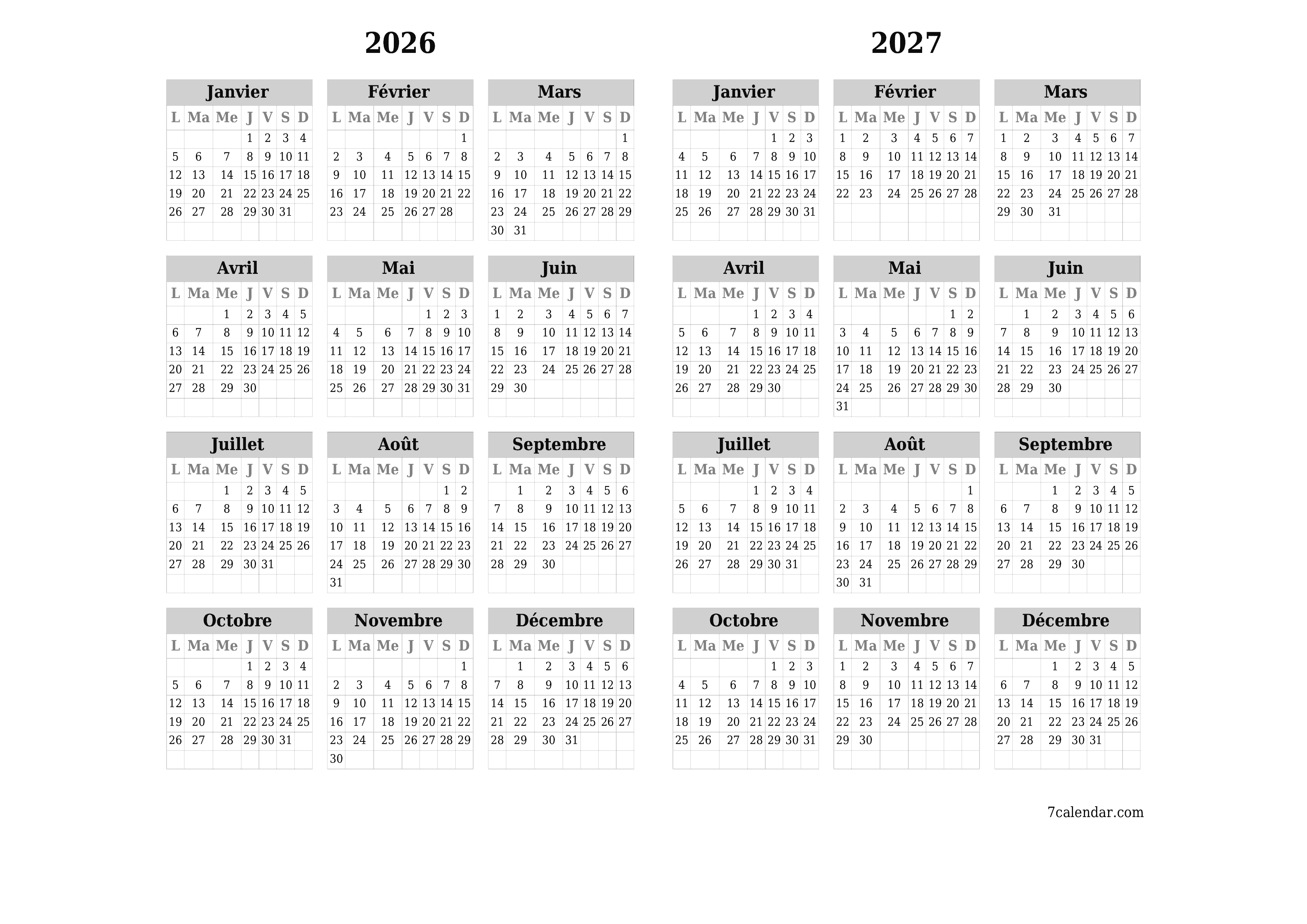 Calendrier annuel vide pour l'année 2026, 2027 avec notes, enregistrer et imprimer au format PDF PNG French