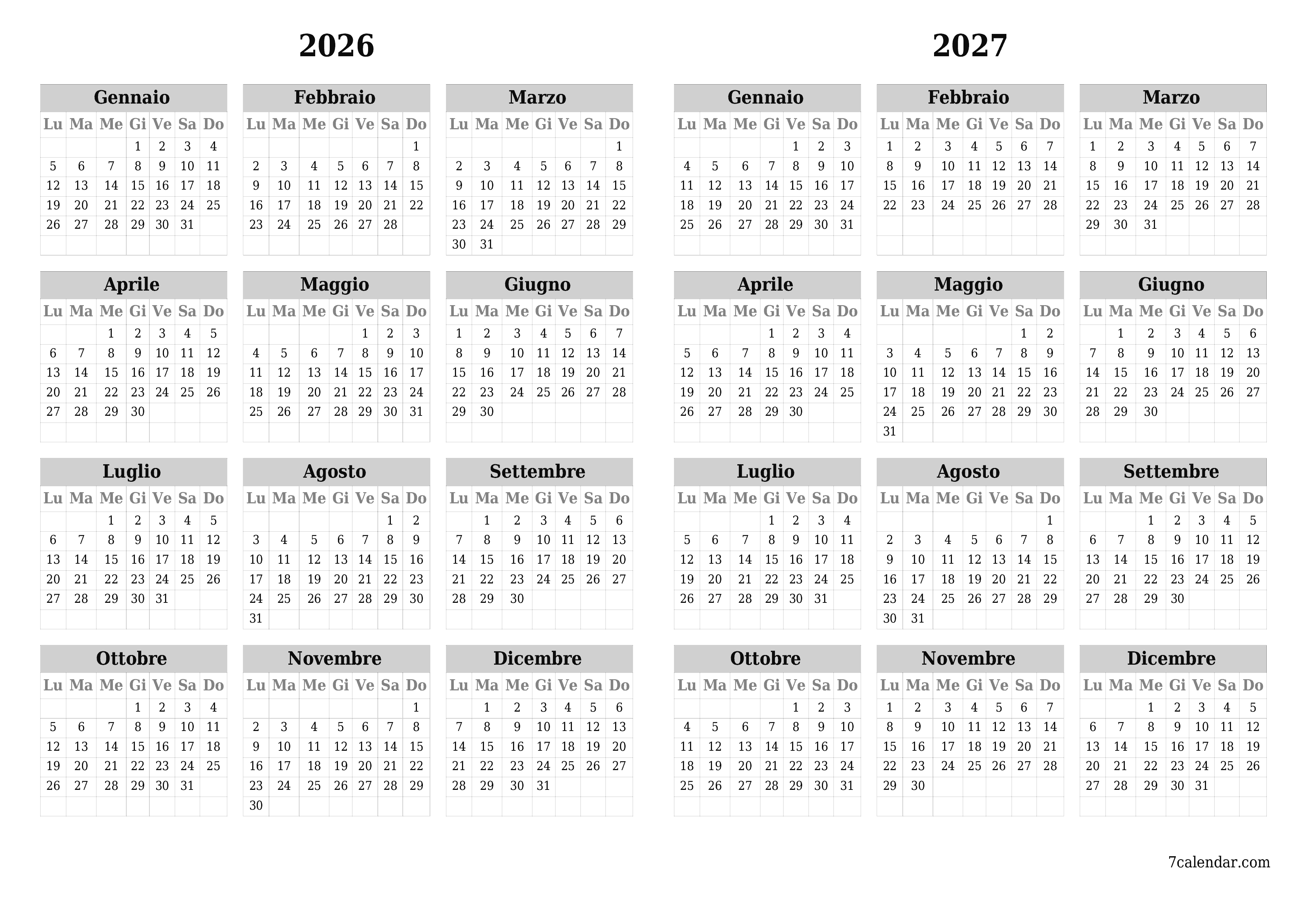  stampabile da parete modello di gratuitoorizzontale Annuale calendario Giugno (Giu) 2026