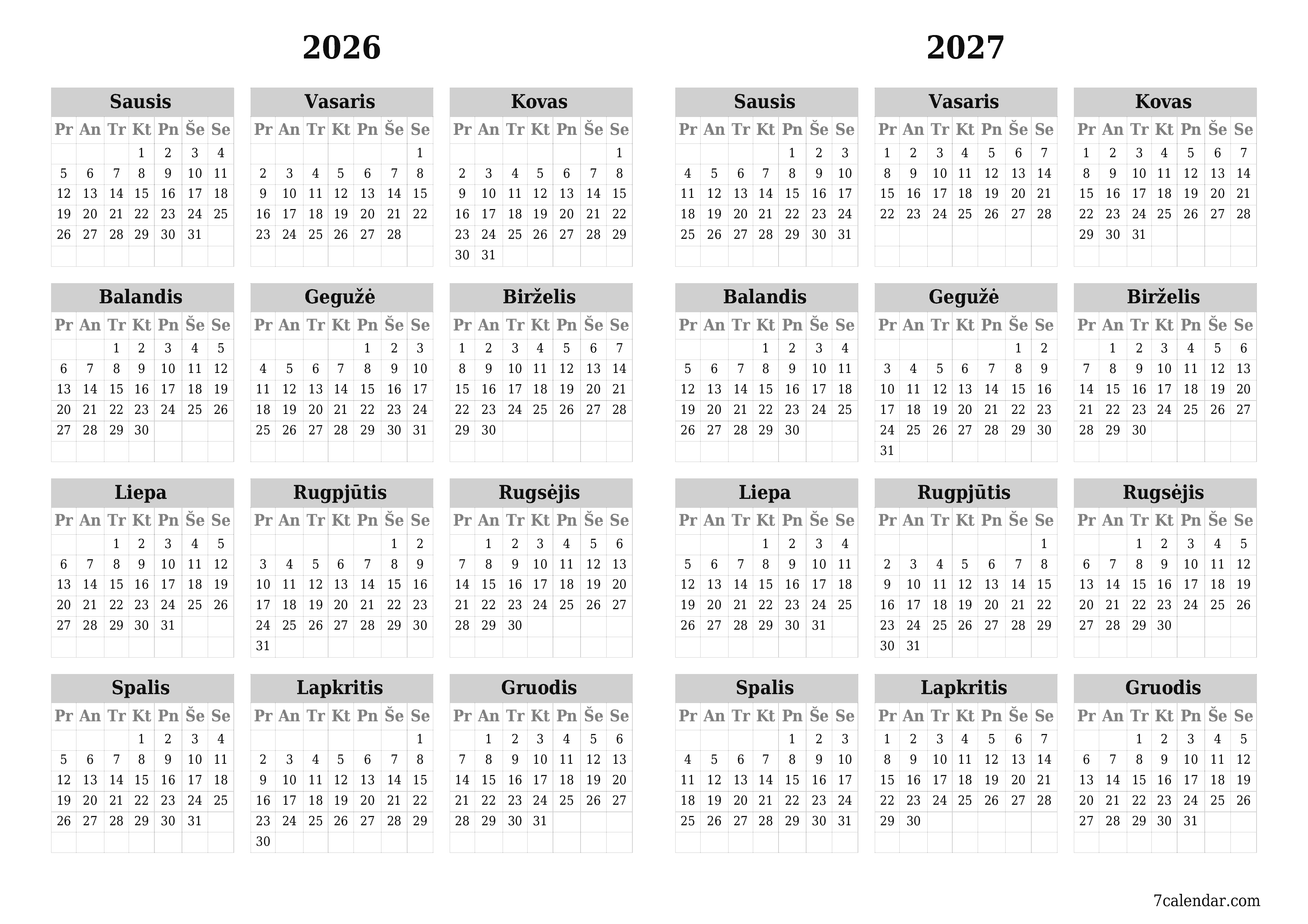 Tuščias metų planavimo kalendorius 2026, 2027 su užrašais, išsaugokite ir atsispausdinkite PDF formatu PNG Lithuanian