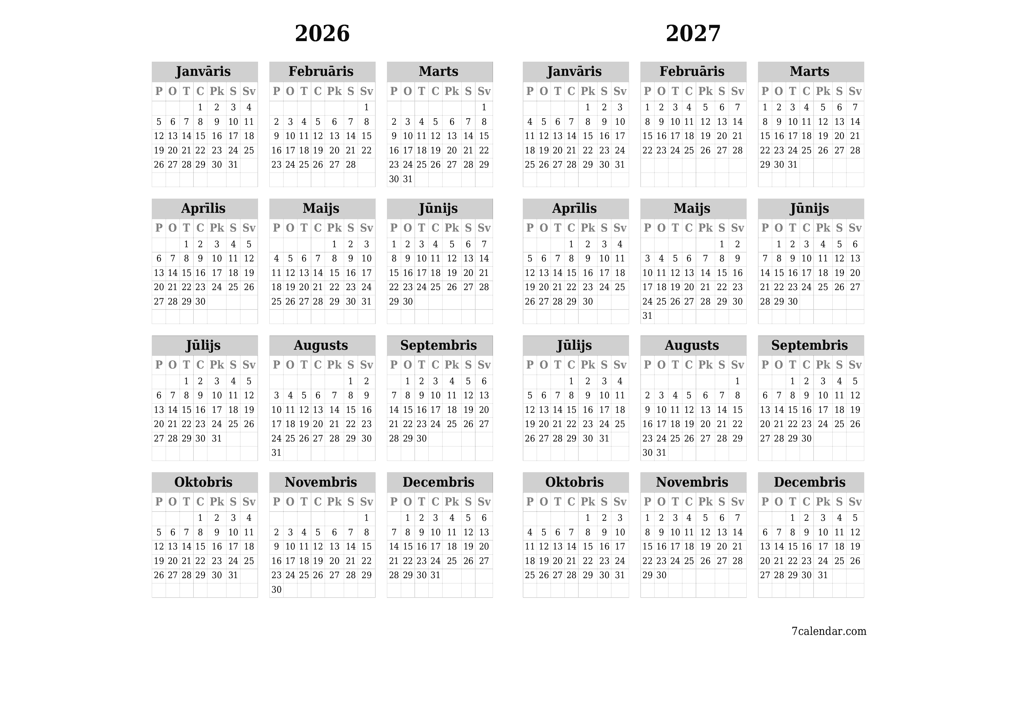 Tukšs gada plānotāja kalendārs gadam 2026, 2027 ar piezīmēm, saglabāšana un izdrukāšana PDF formātā PNG Latvian