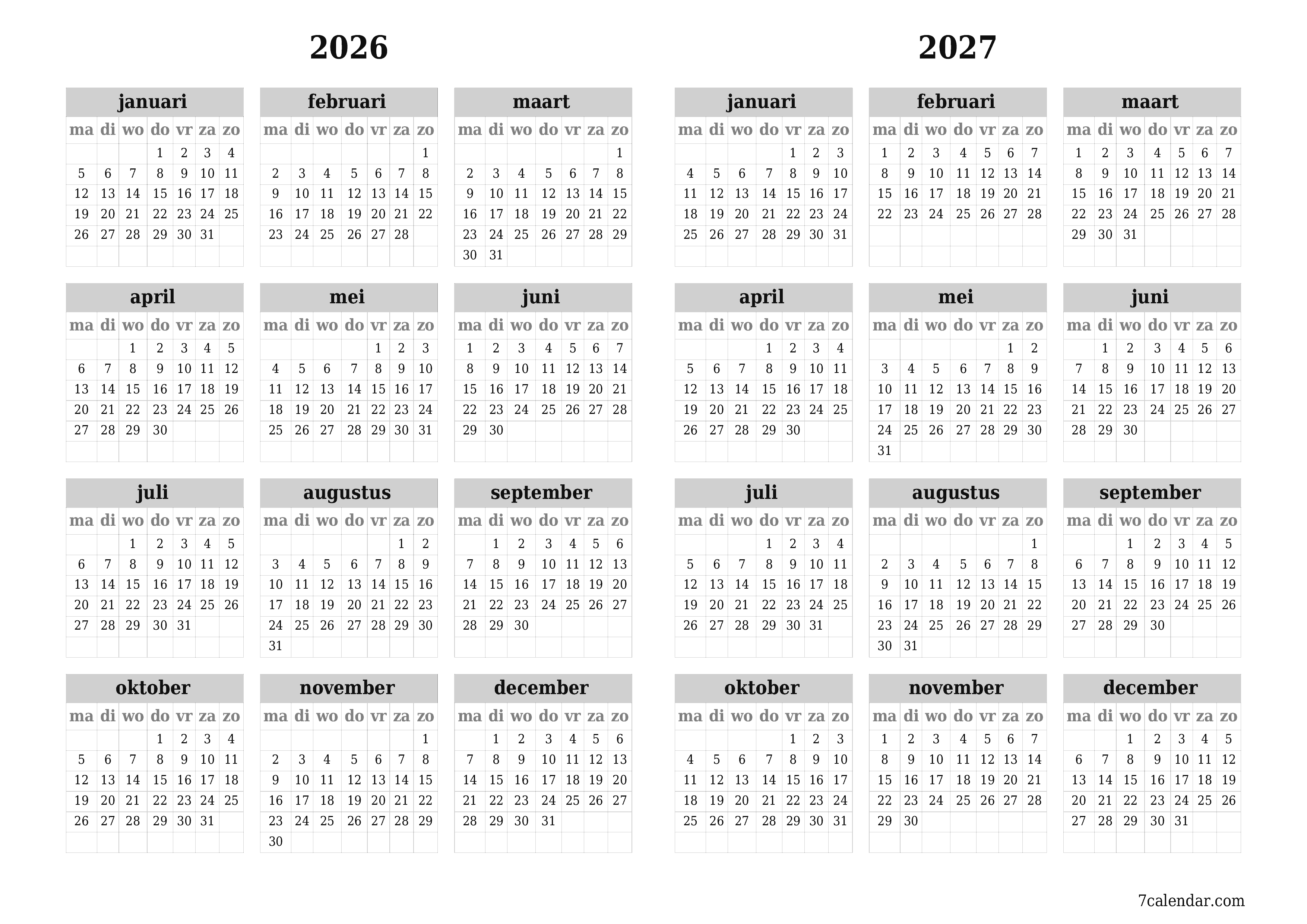 Lege jaarplanningskalender voor het jaar 2026, 2027 met notities, opslaan en afdrukken naar pdf PNG Dutch