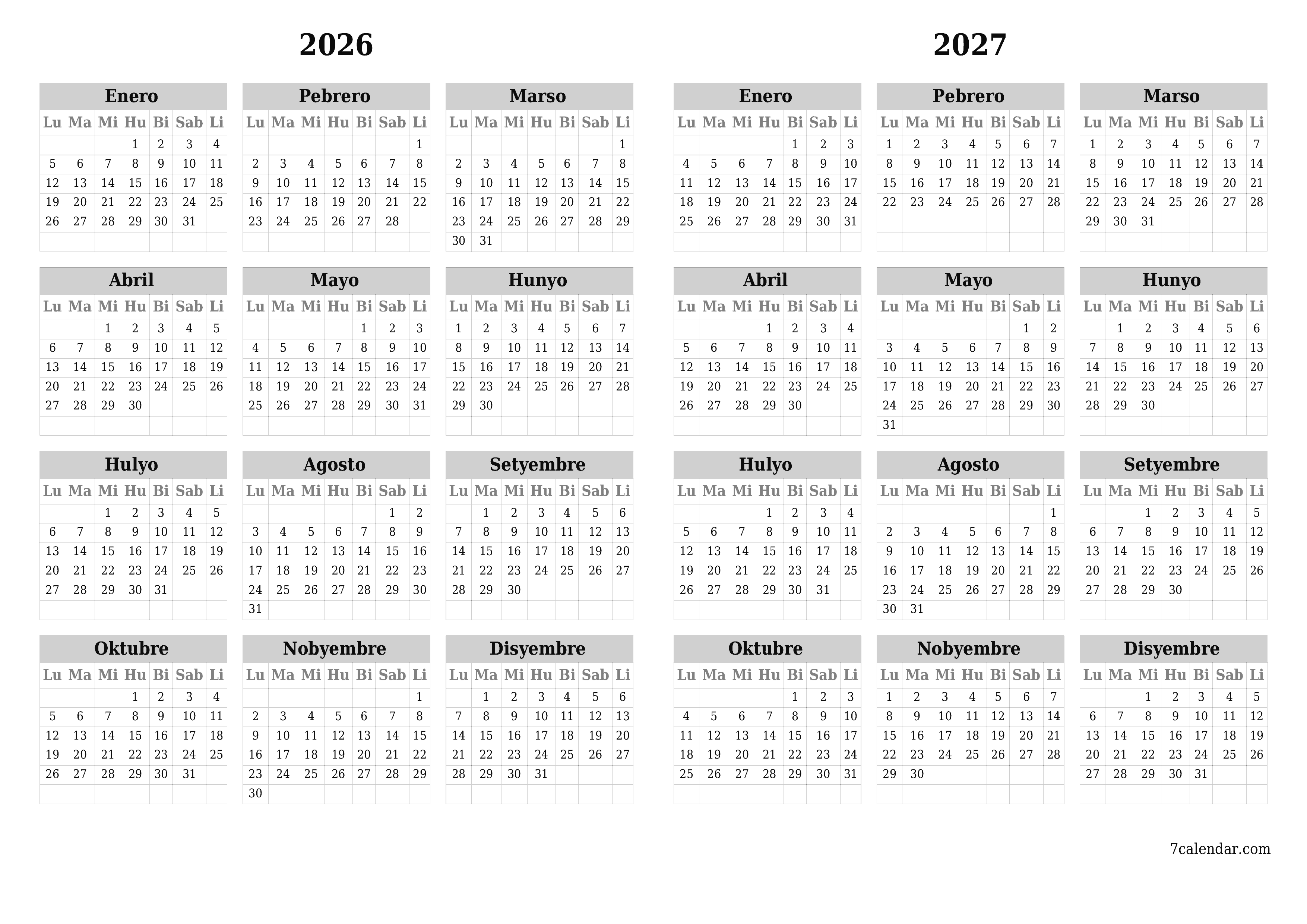 Walang laman ang taunang kalendaryo ng tagaplano para sa taong 2026, 2027 na may mga tala, i-save at i-print sa PDF PNG Filipino