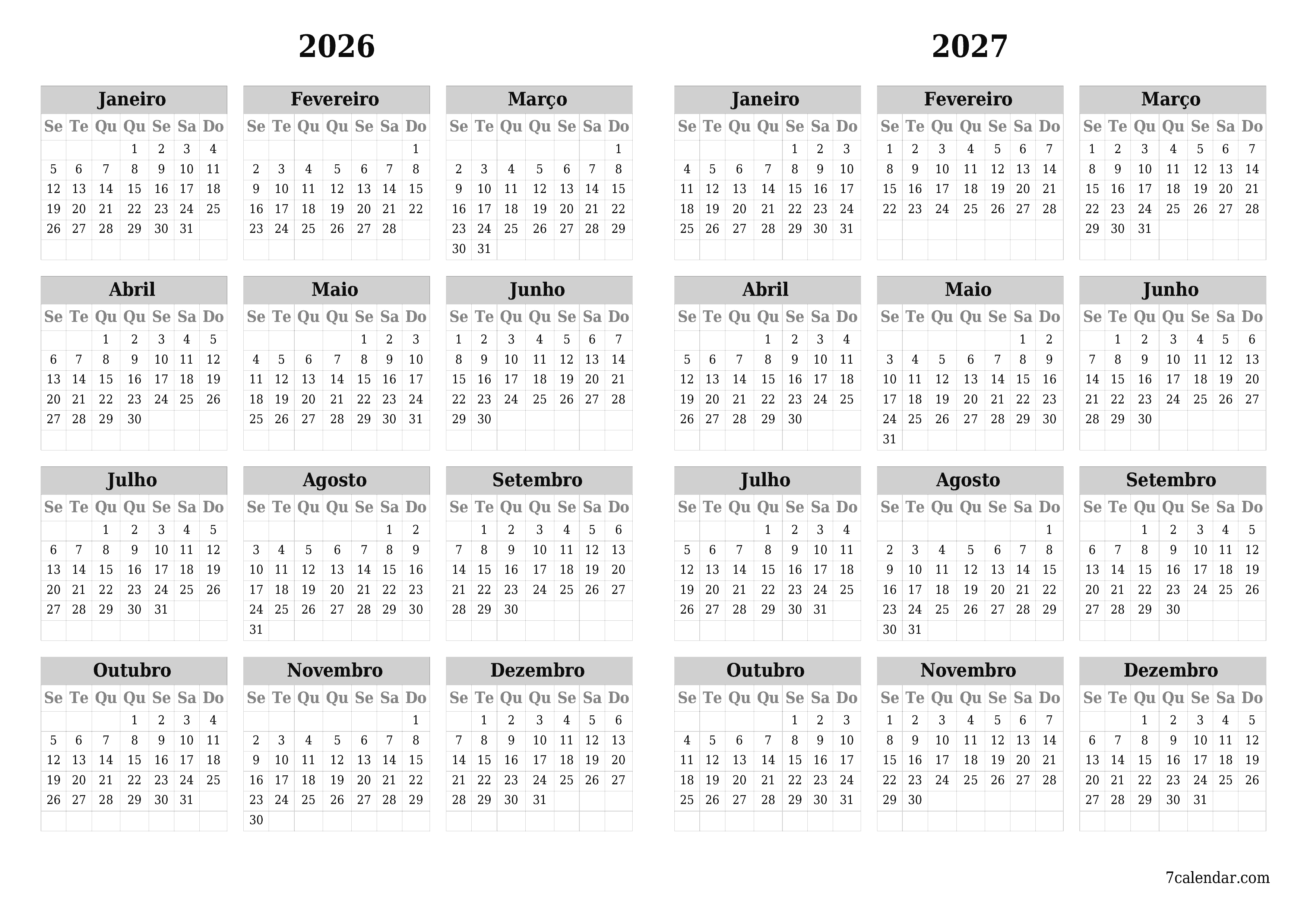 Calendário de planejador anual vazio para o ano 2026, 2027 com notas, salve e imprima em PDF PNG Portuguese