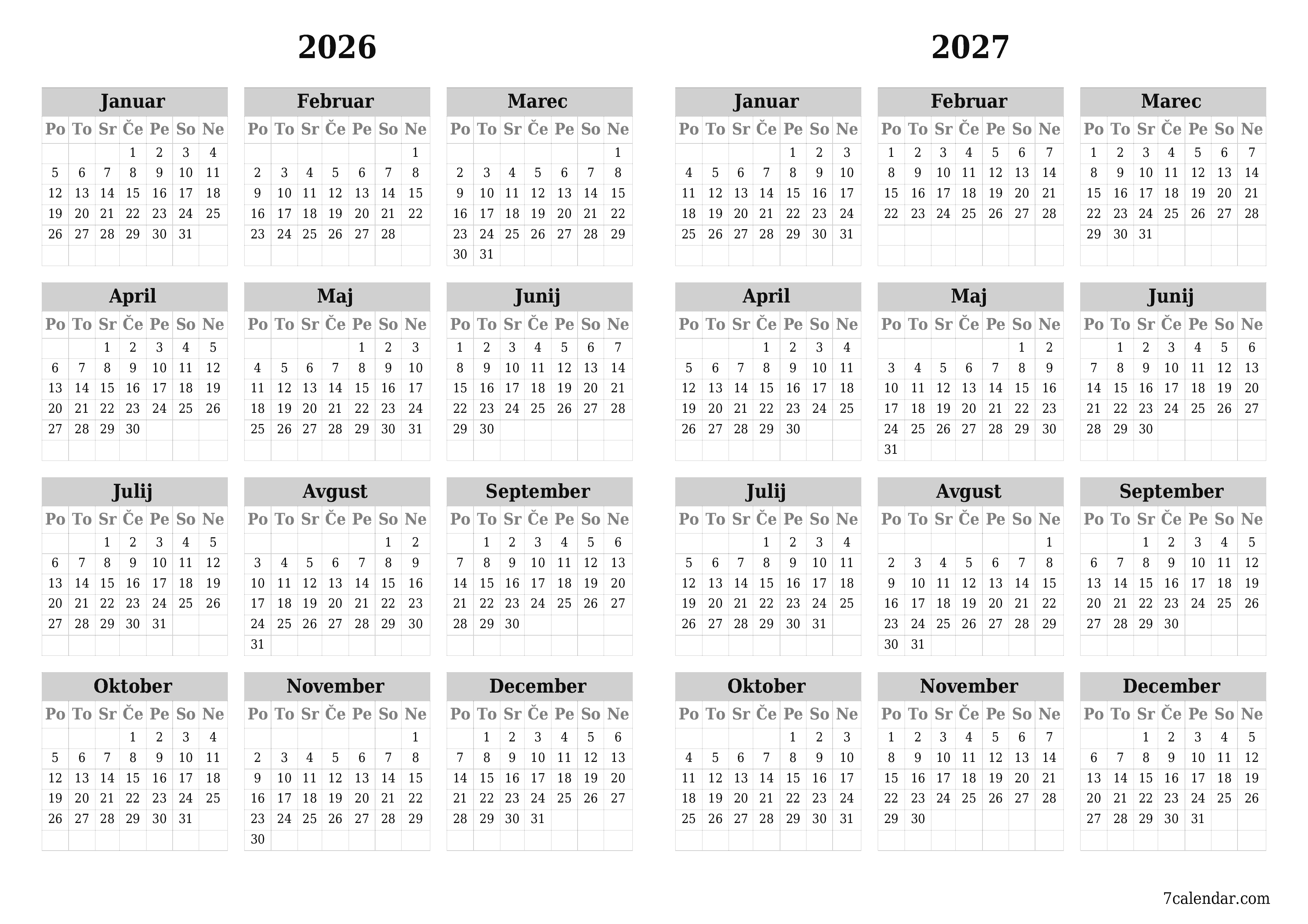 Prazen letni načrtovalec koledarja za leto 2026, 2027 z opombami za tiskanje v PDF-ju PNG Slovenian