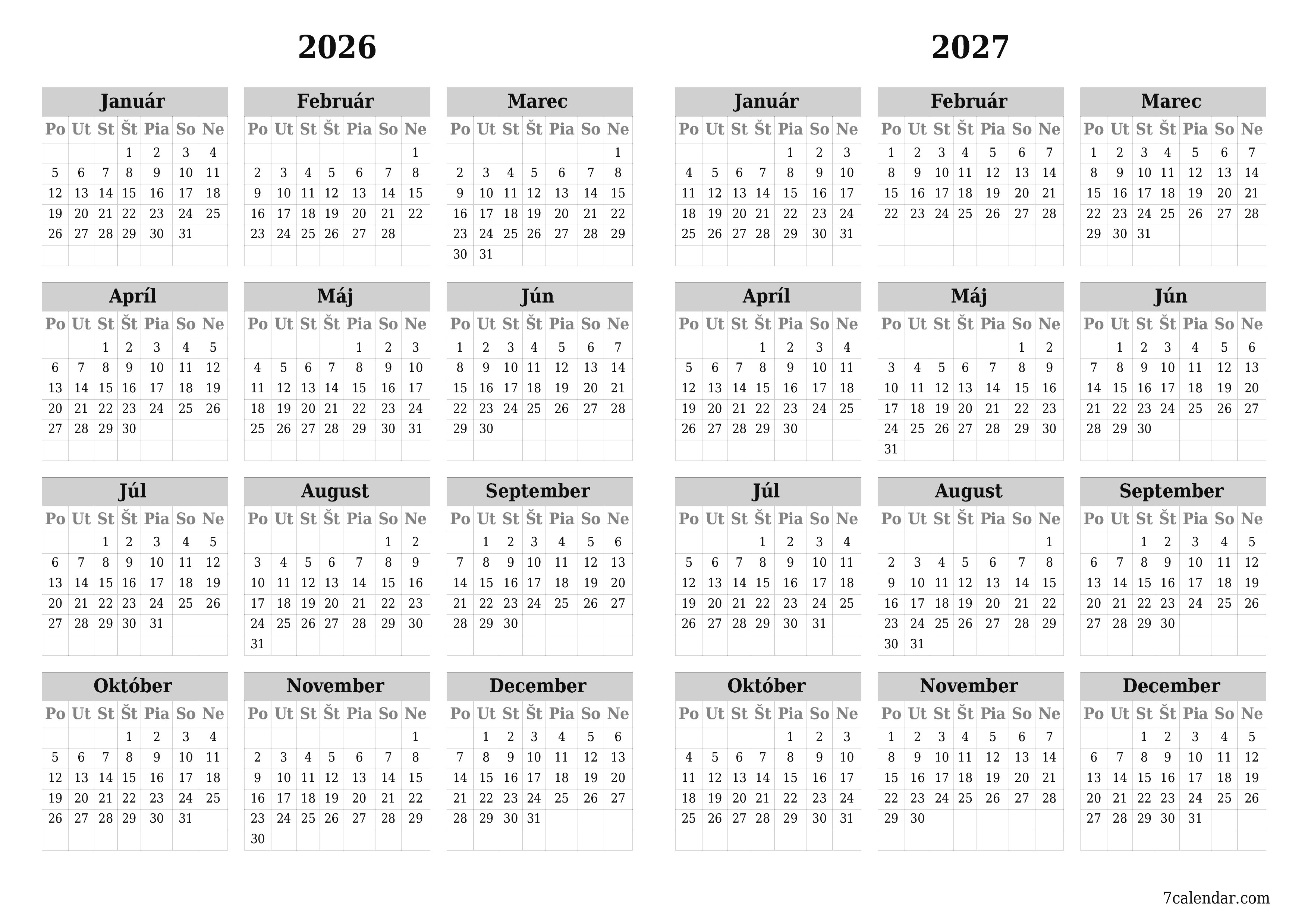 Prázdny ročný kalendár plánovača na rok 2026, 2027 s poznámkami, uložením a tlačou do formátu PDF PNG Slovak