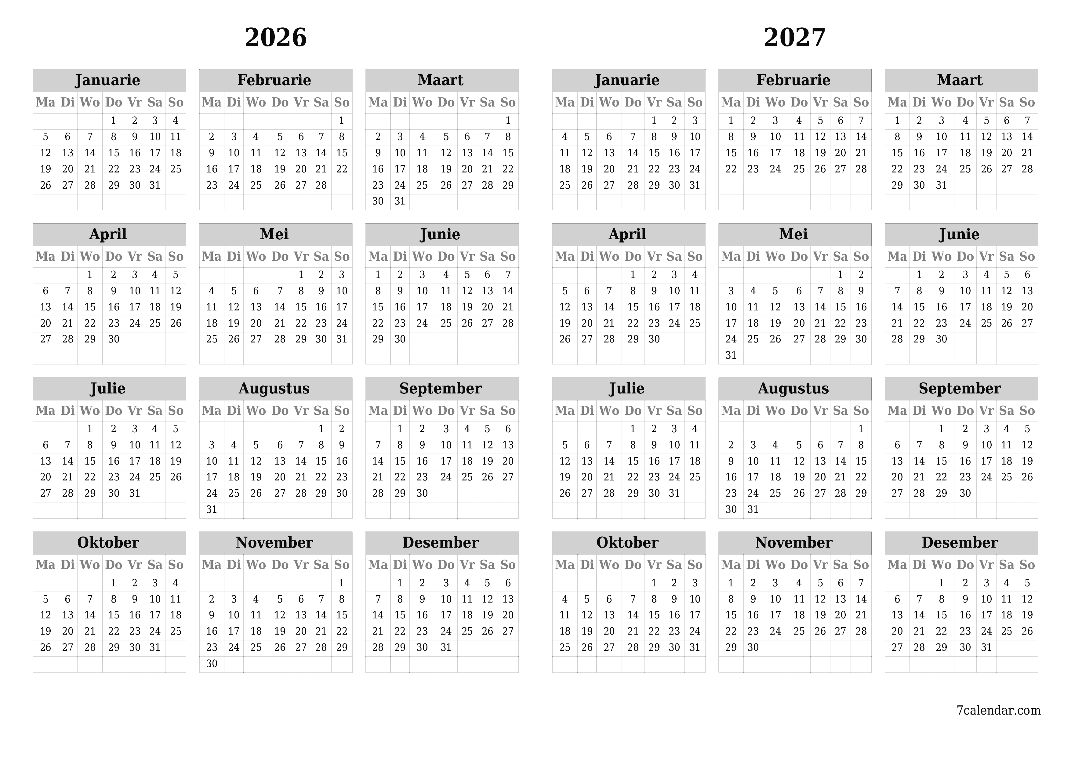 Leë jaarlikse drukbare kalender en beplanner vir die jaar 2026, 2027 met notas, stoor en druk na PDF PNG Afrikaans