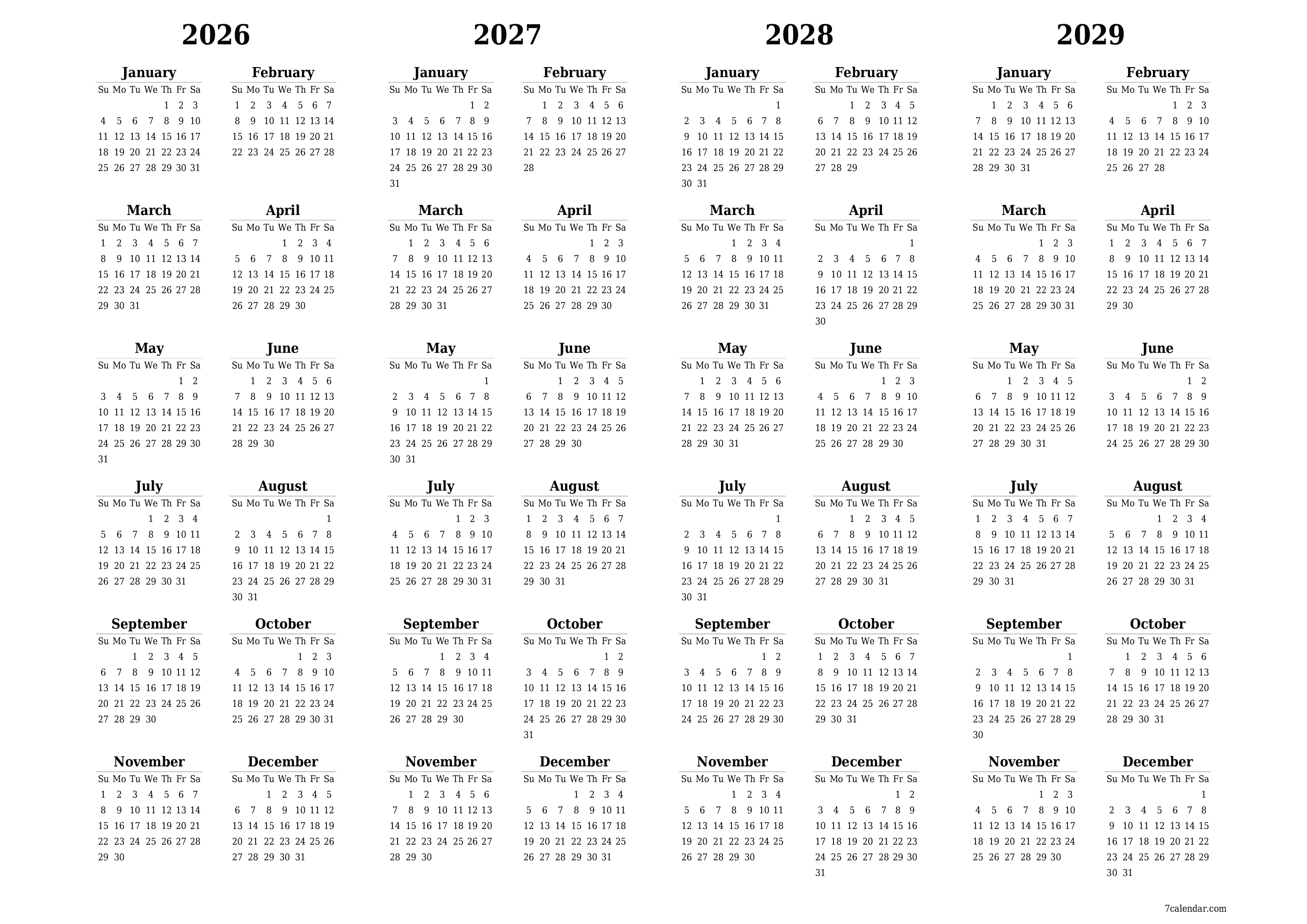Blank calendar 2026, 2027, 2028, 2029
