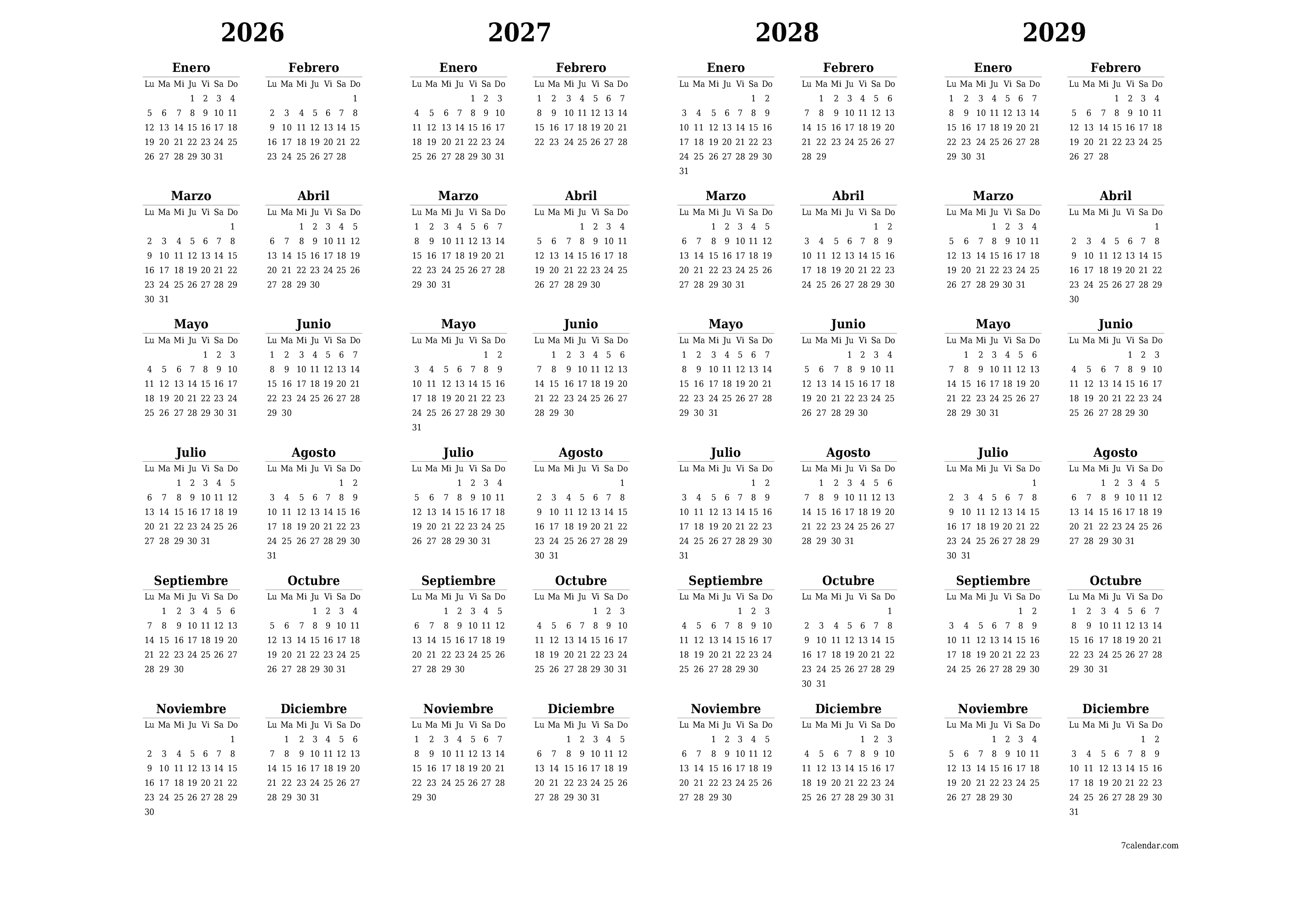 Calendario planificador anual vacío para el año 2026, 2027, 2028, 2029 con notas, guardar e imprimir en PDF PNG Spanish