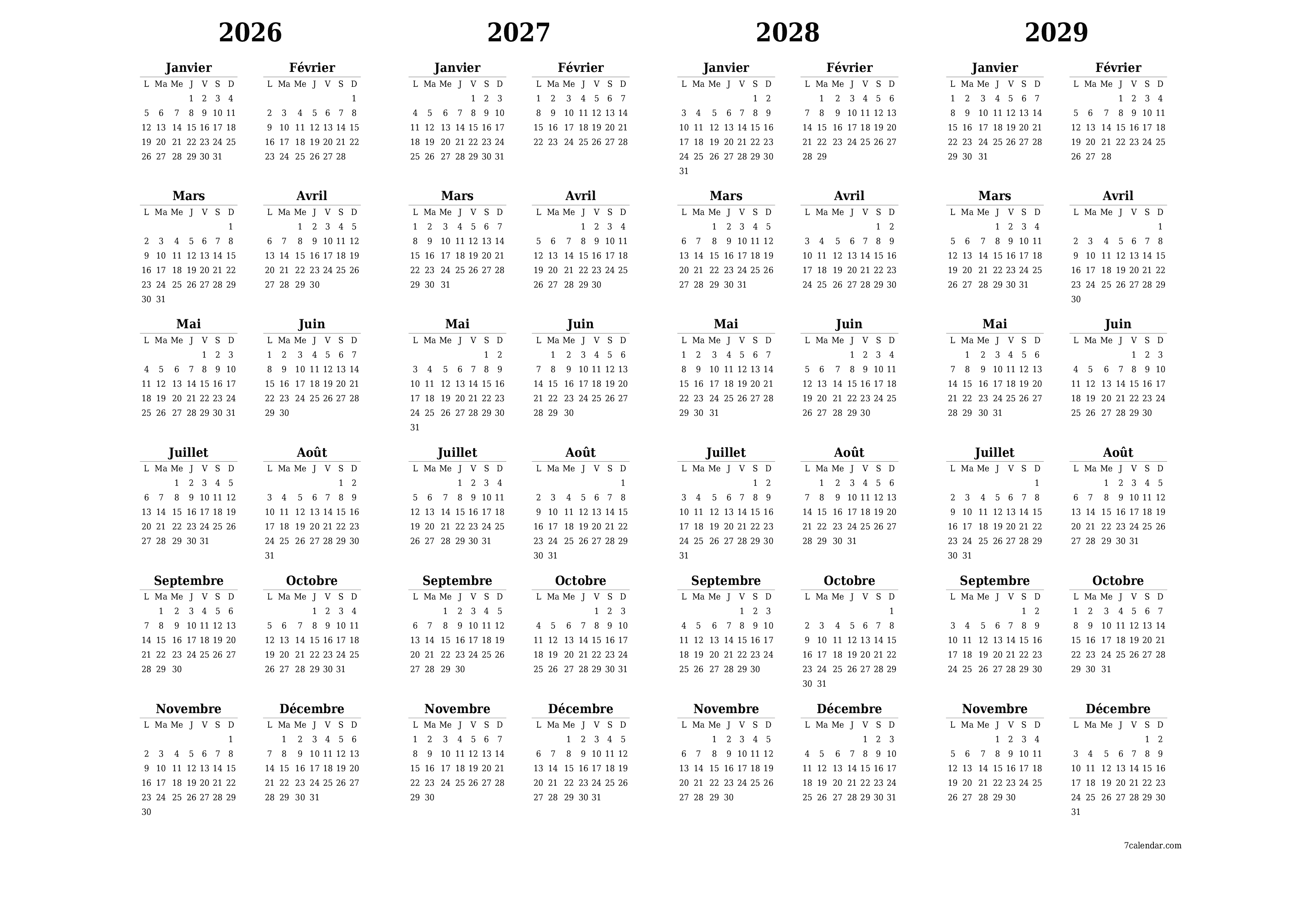 Calendrier annuel vide pour l'année 2026, 2027, 2028, 2029 avec notes, enregistrer et imprimer au format PDF PNG French
