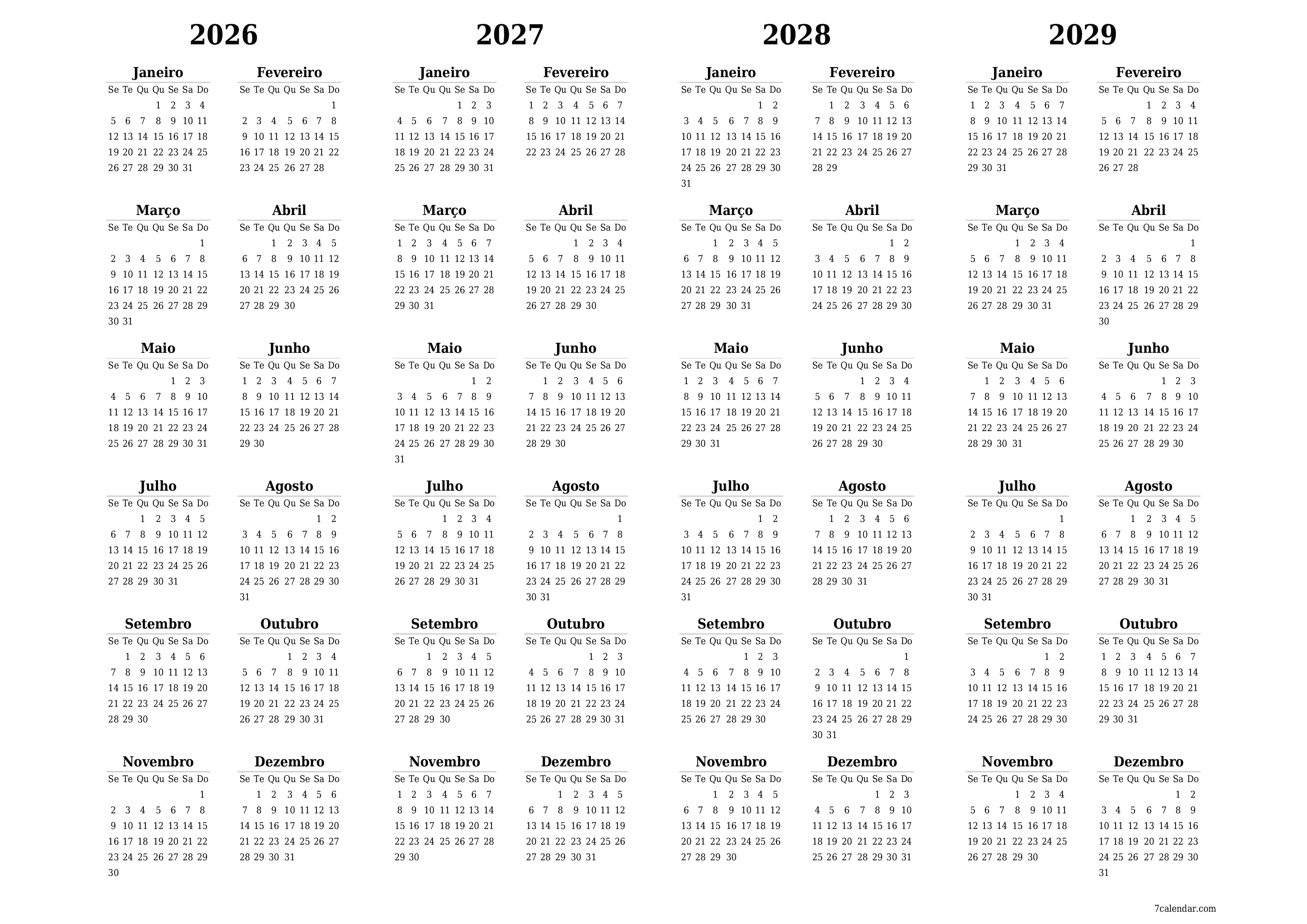 Calendário de planejador anual vazio para o ano 2026, 2027, 2028, 2029 com notas, salve e imprima em PDF PNG Portuguese