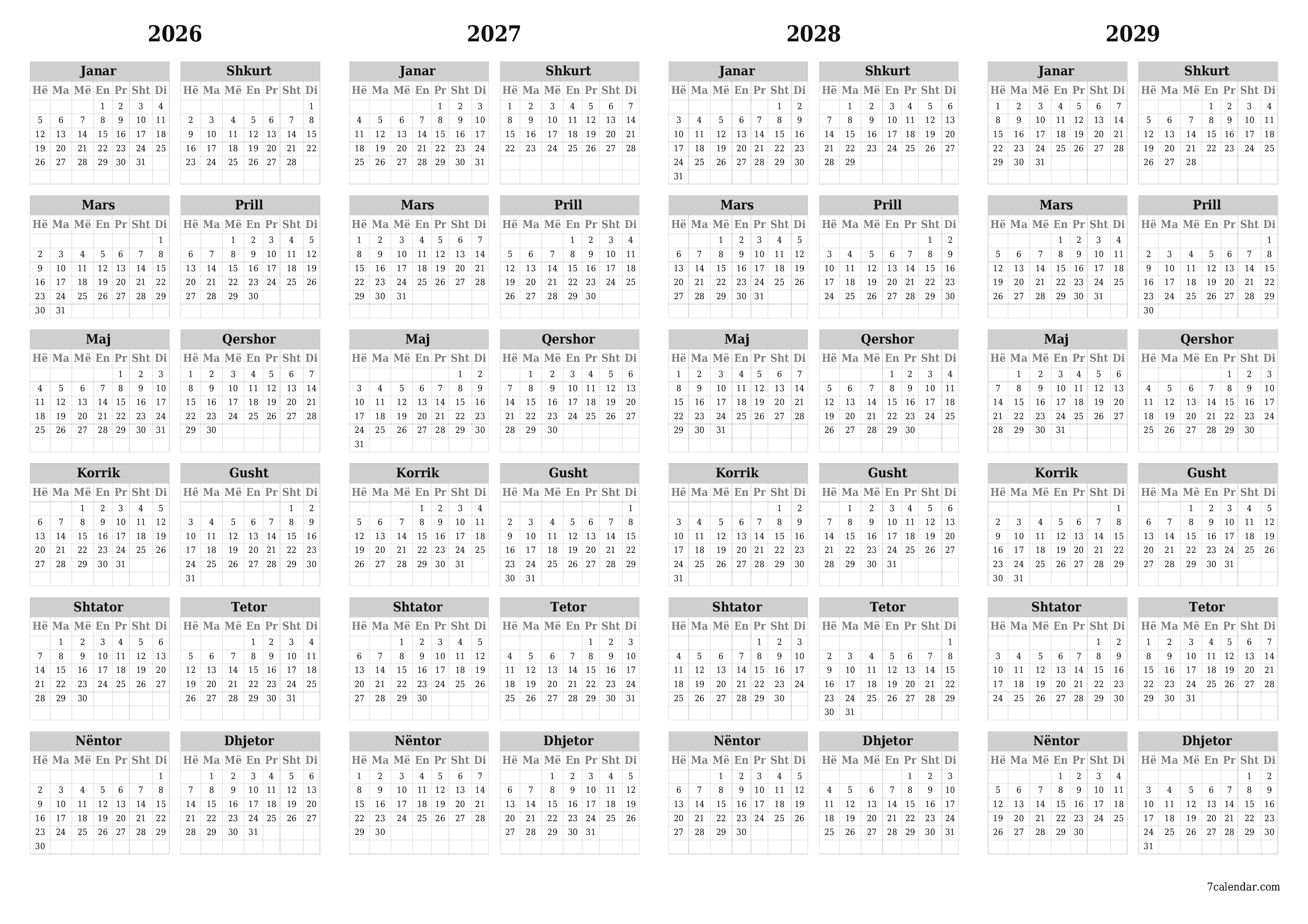 Planifikuesi bosh i kalendarit vjetor për vitin 2026, 2027, 2028, 2029 me shënime, ruani dhe printoni në PDF PNG Albanian