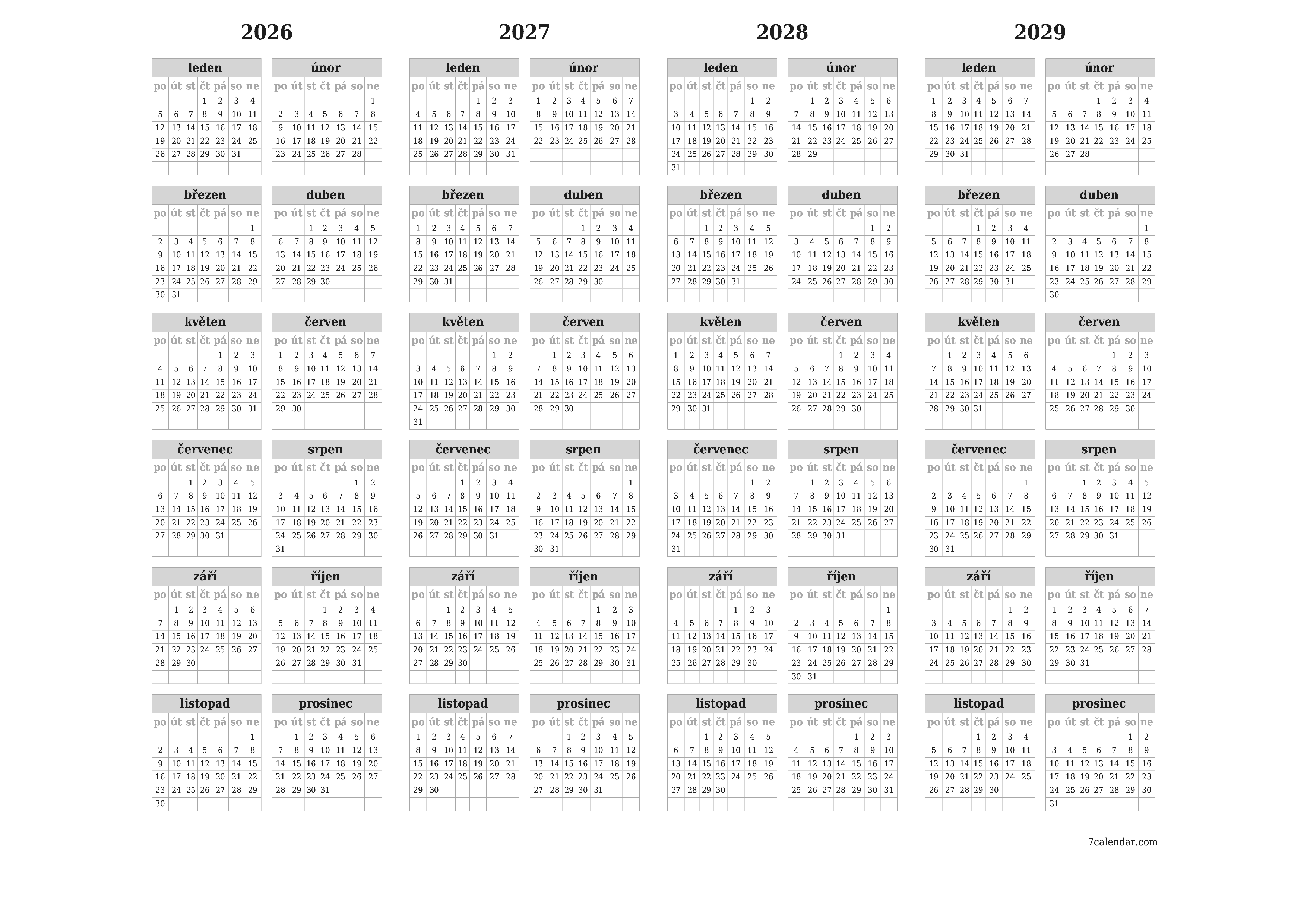  pro tisk nástěnný šablona e zdarmahorizontální Roční kalendář březen (bře) 2026