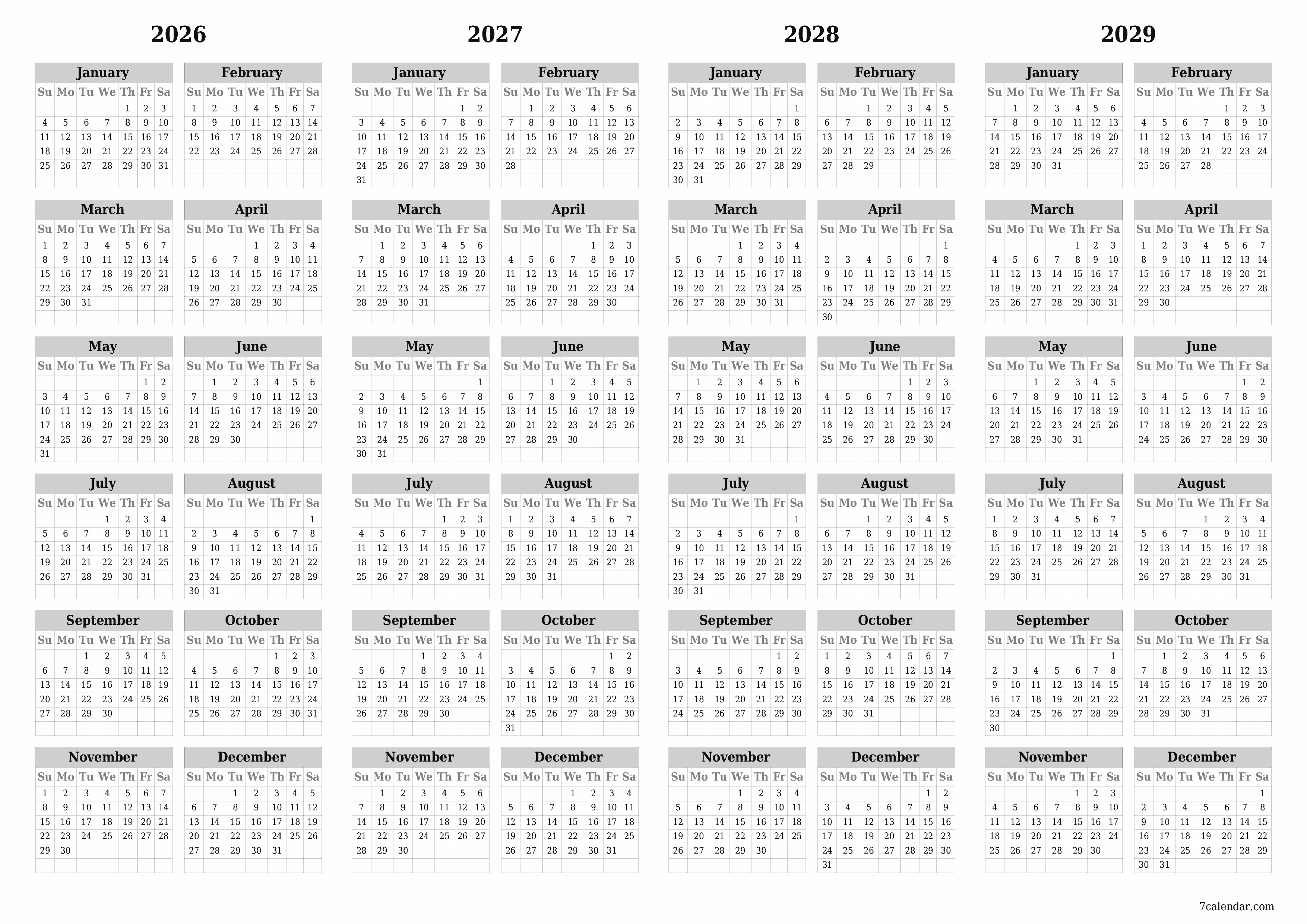 Blank calendar 2026, 2027, 2028, 2029