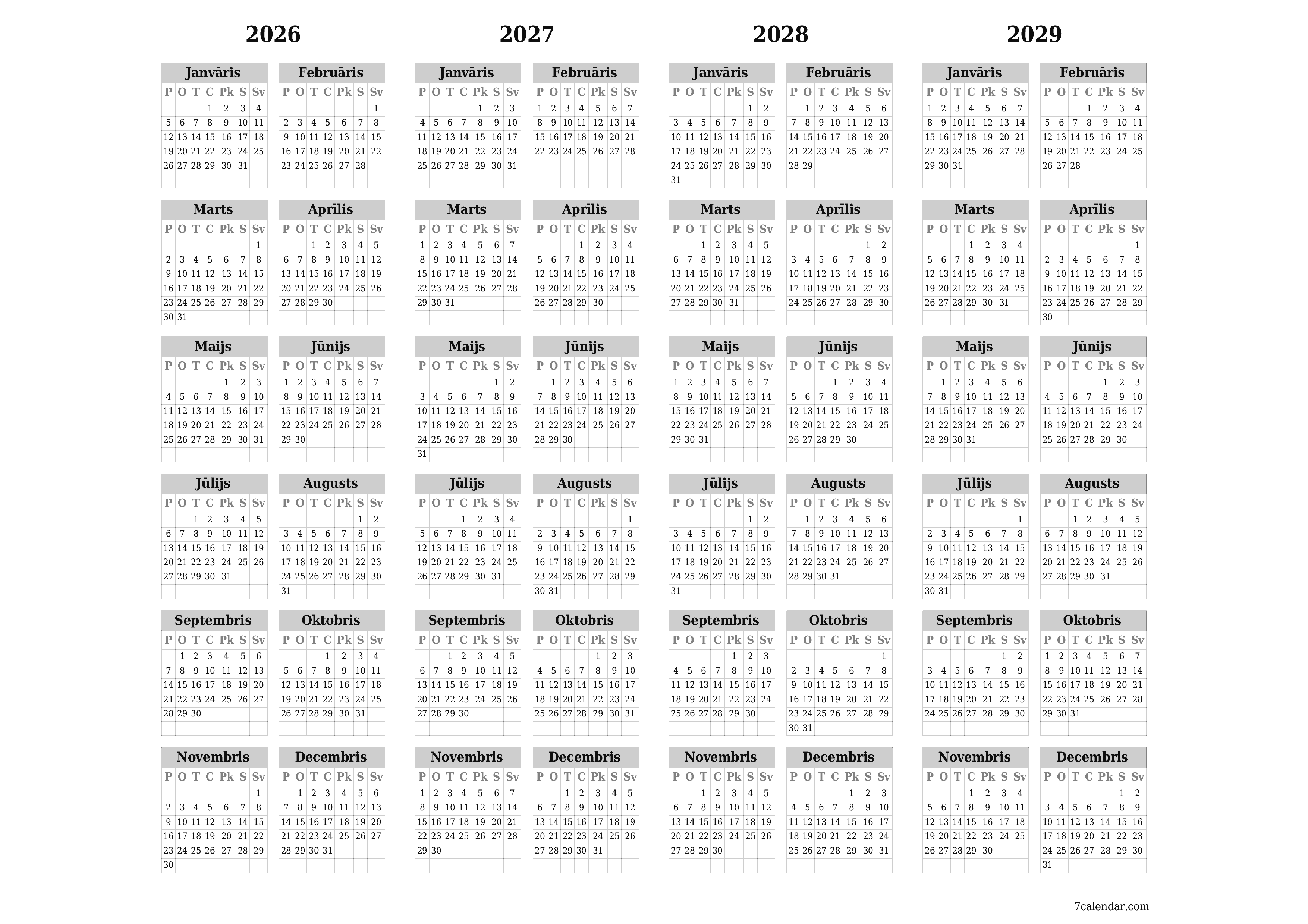 Tukšs gada plānotāja kalendārs gadam 2026, 2027, 2028, 2029 ar piezīmēm, saglabāšana un izdrukāšana PDF formātā PNG Latvian