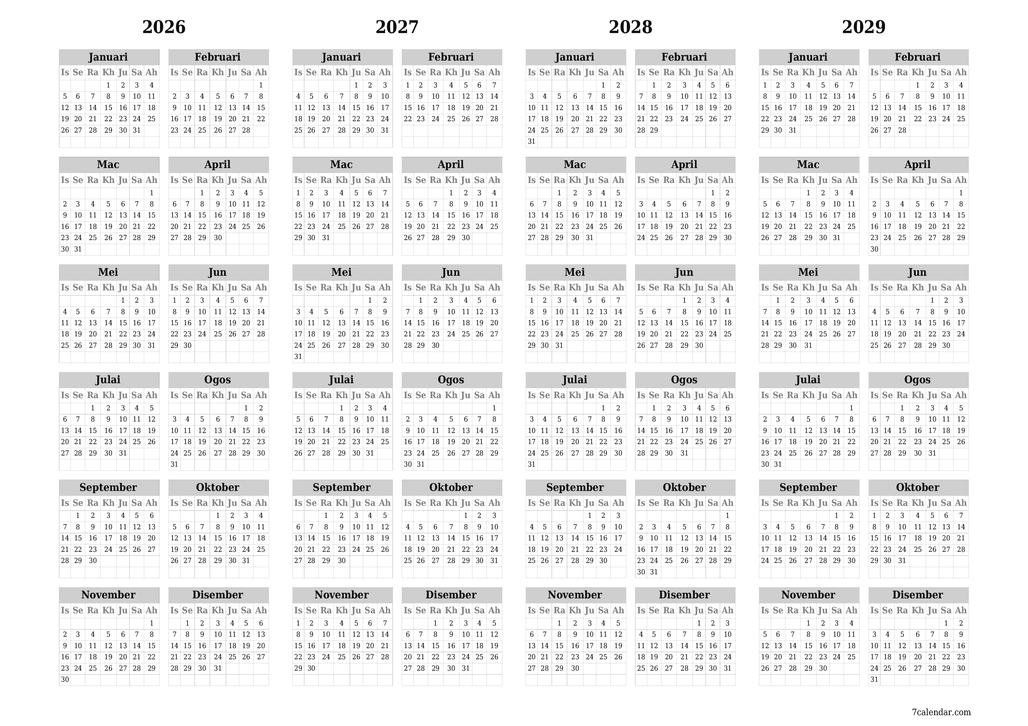 Kalendar perancang tahunan kosong untuk tahun ini 2026, 2027, 2028, 2029 dengan nota, simpan dan cetak ke PDF PNG Malay
