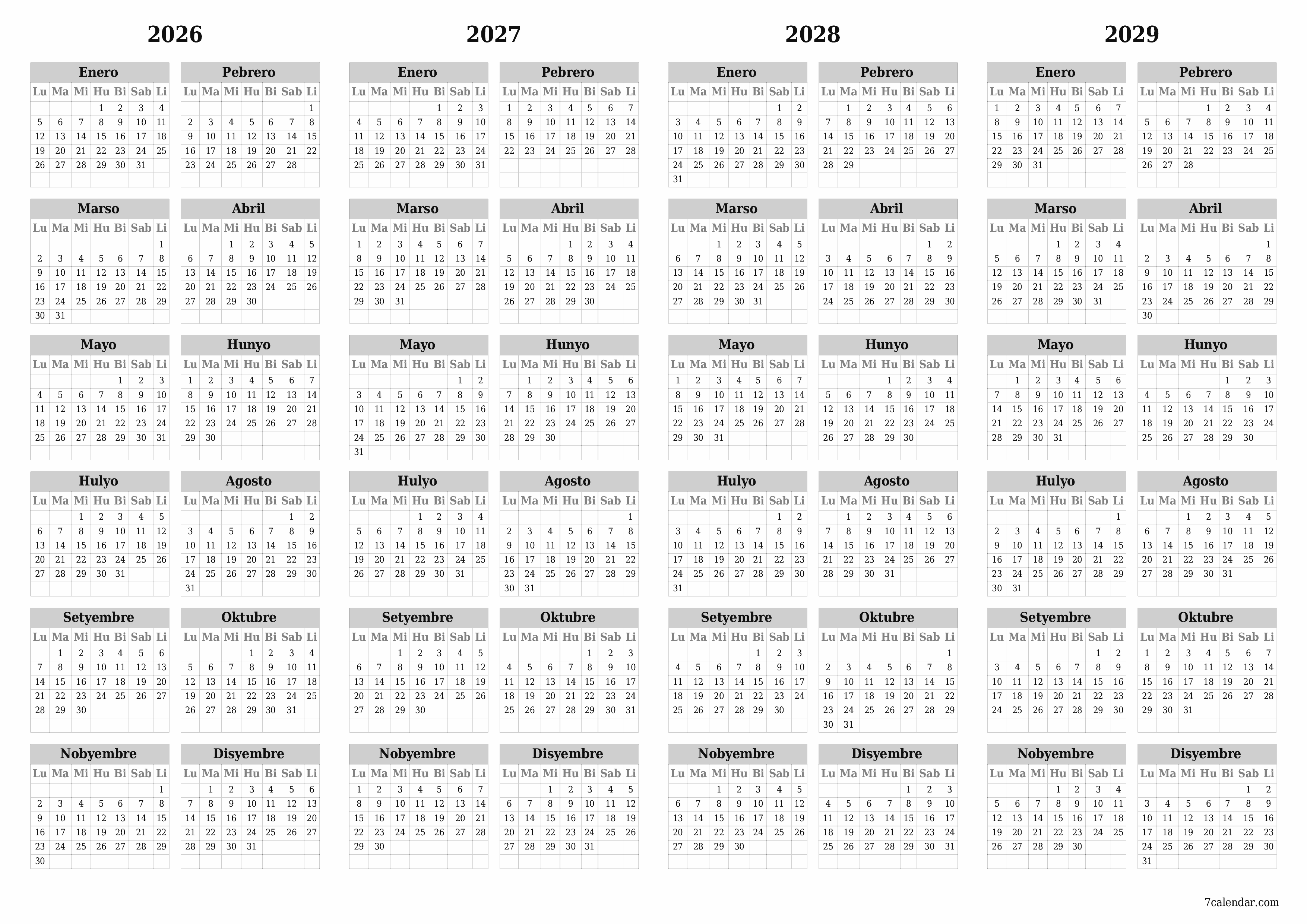 Walang laman ang taunang kalendaryo ng tagaplano para sa taong 2026, 2027, 2028, 2029 na may mga tala, i-save at i-print sa PDF PNG Filipino