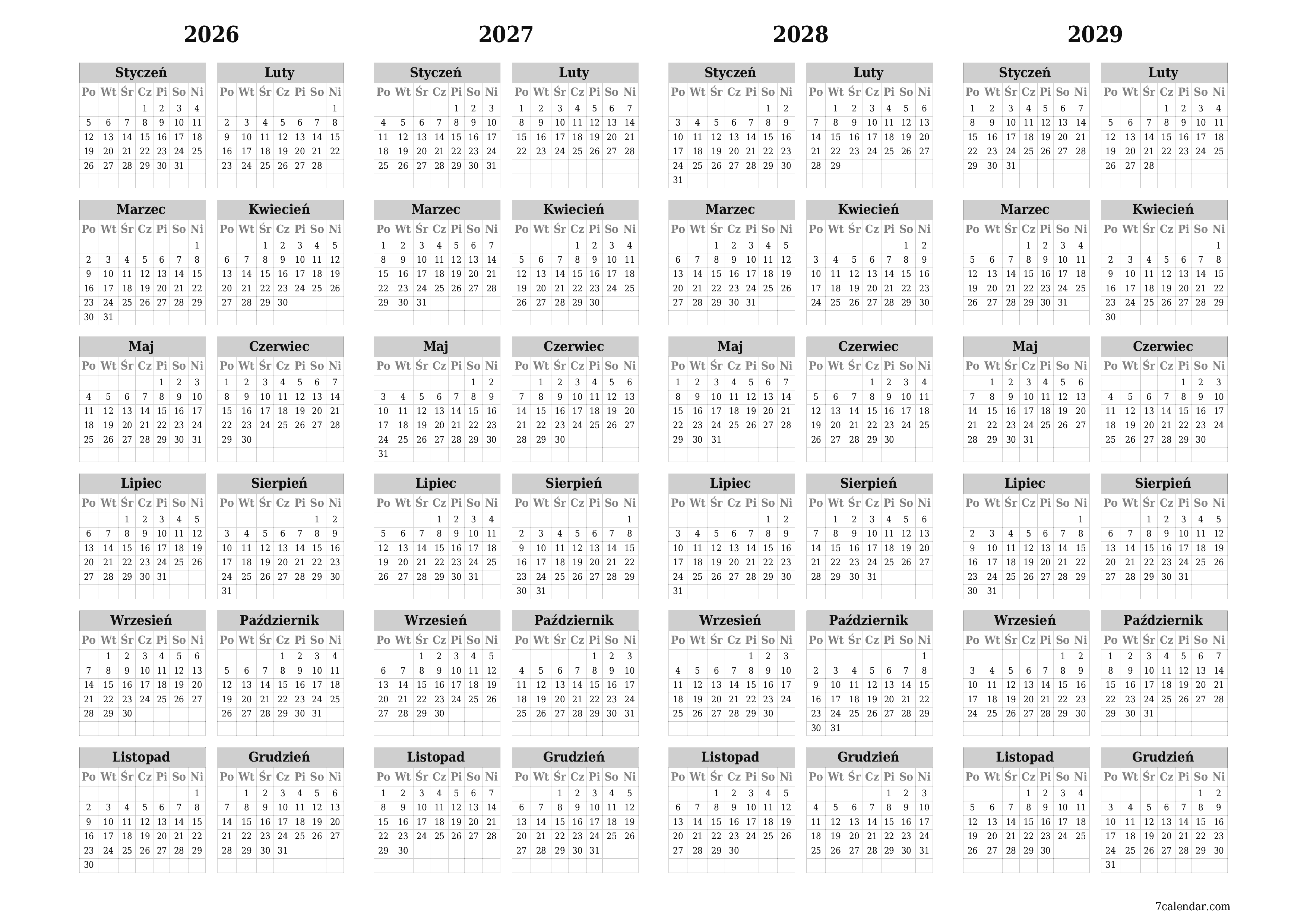 Opróżnij kalendarz rocznego planowania na rok 2026, 2027, 2028, 2029 z notatkami, zapisz i wydrukuj w formacie PDF PNG Polish