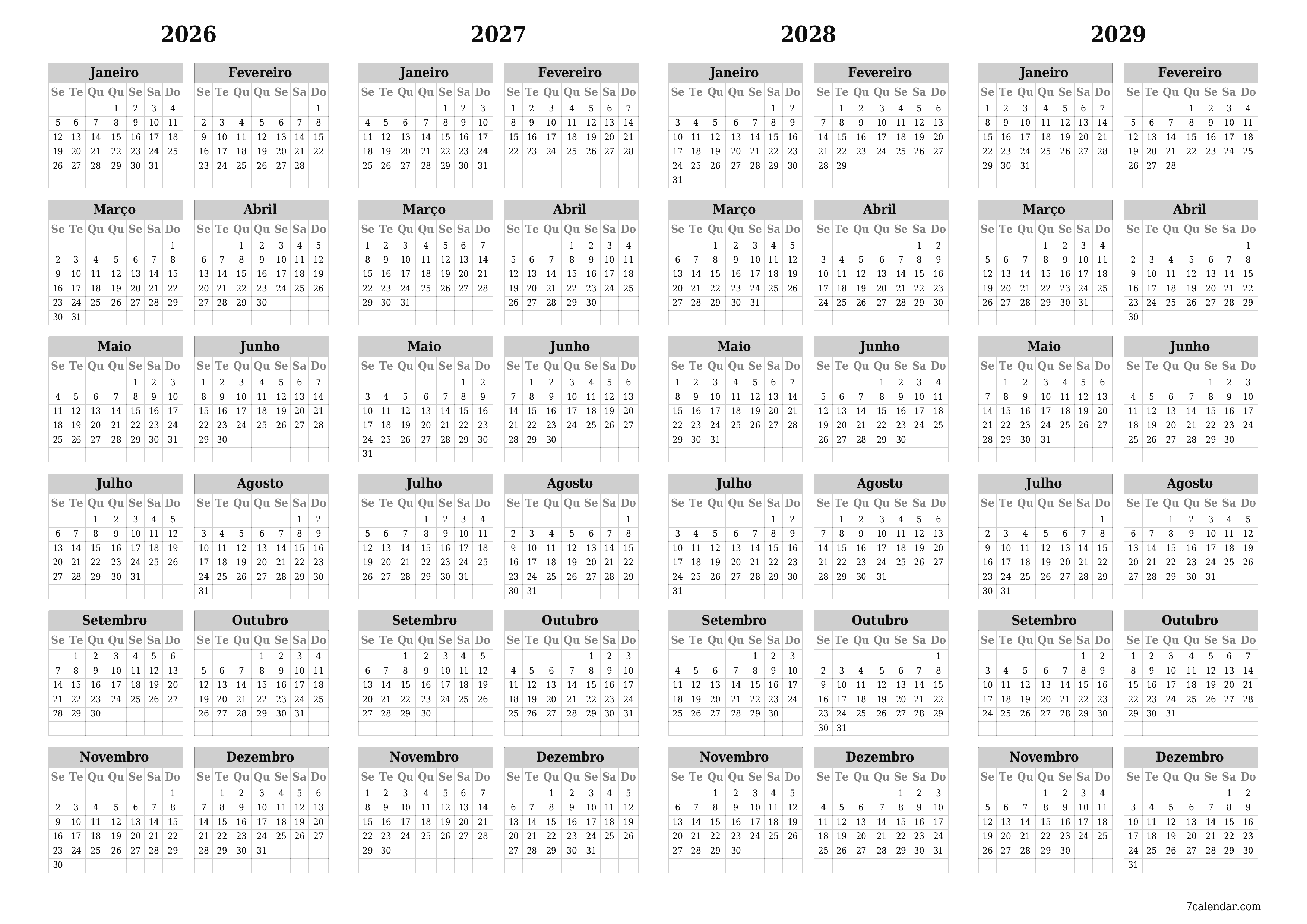 Calendário de planejador anual vazio para o ano 2026, 2027, 2028, 2029 com notas, salve e imprima em PDF PNG Portuguese