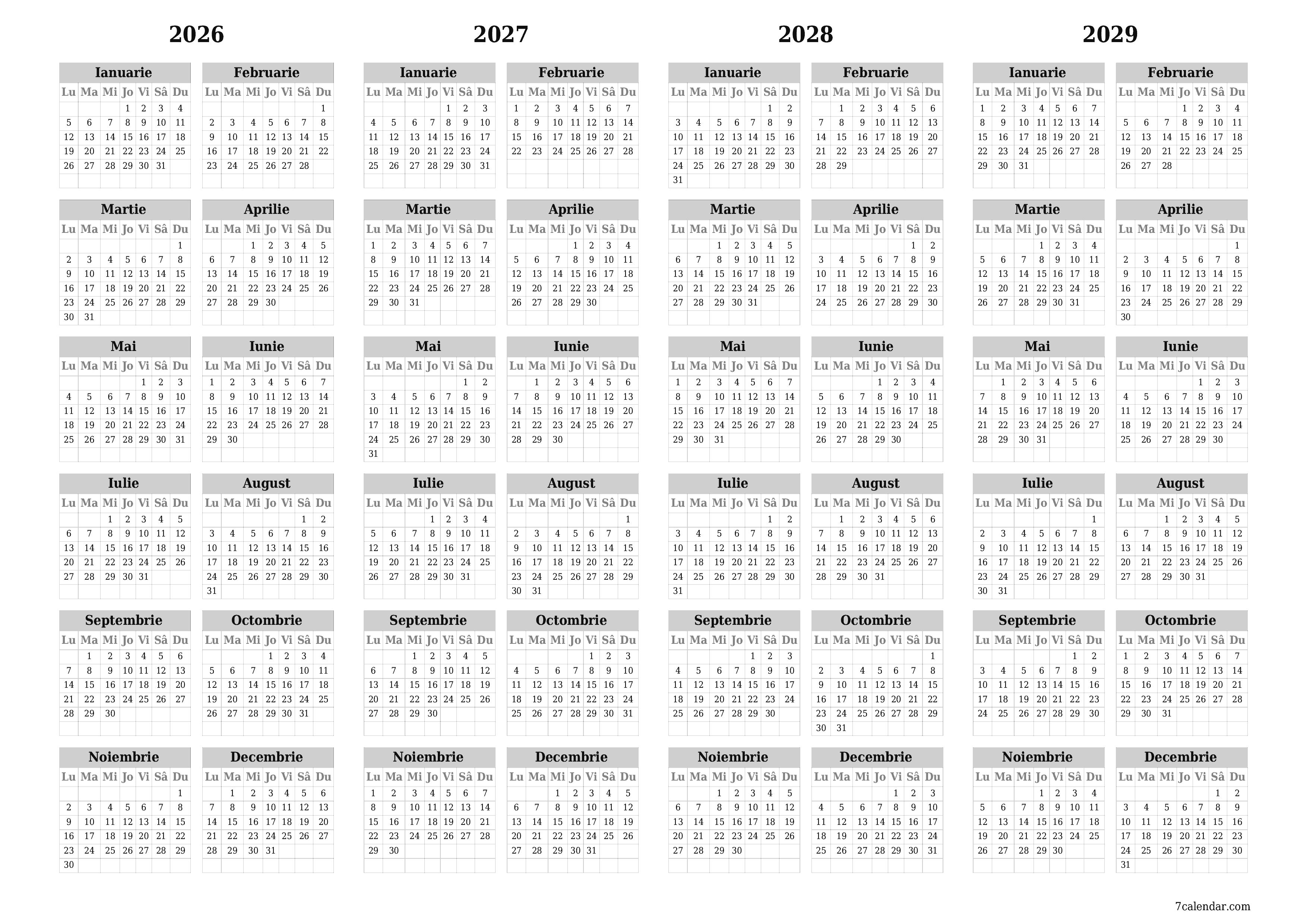 Goliți calendarul anual al planificatorului pentru anul 2026, 2027, 2028, 2029 cu note, salvați și tipăriți în PDF PNG Romanian