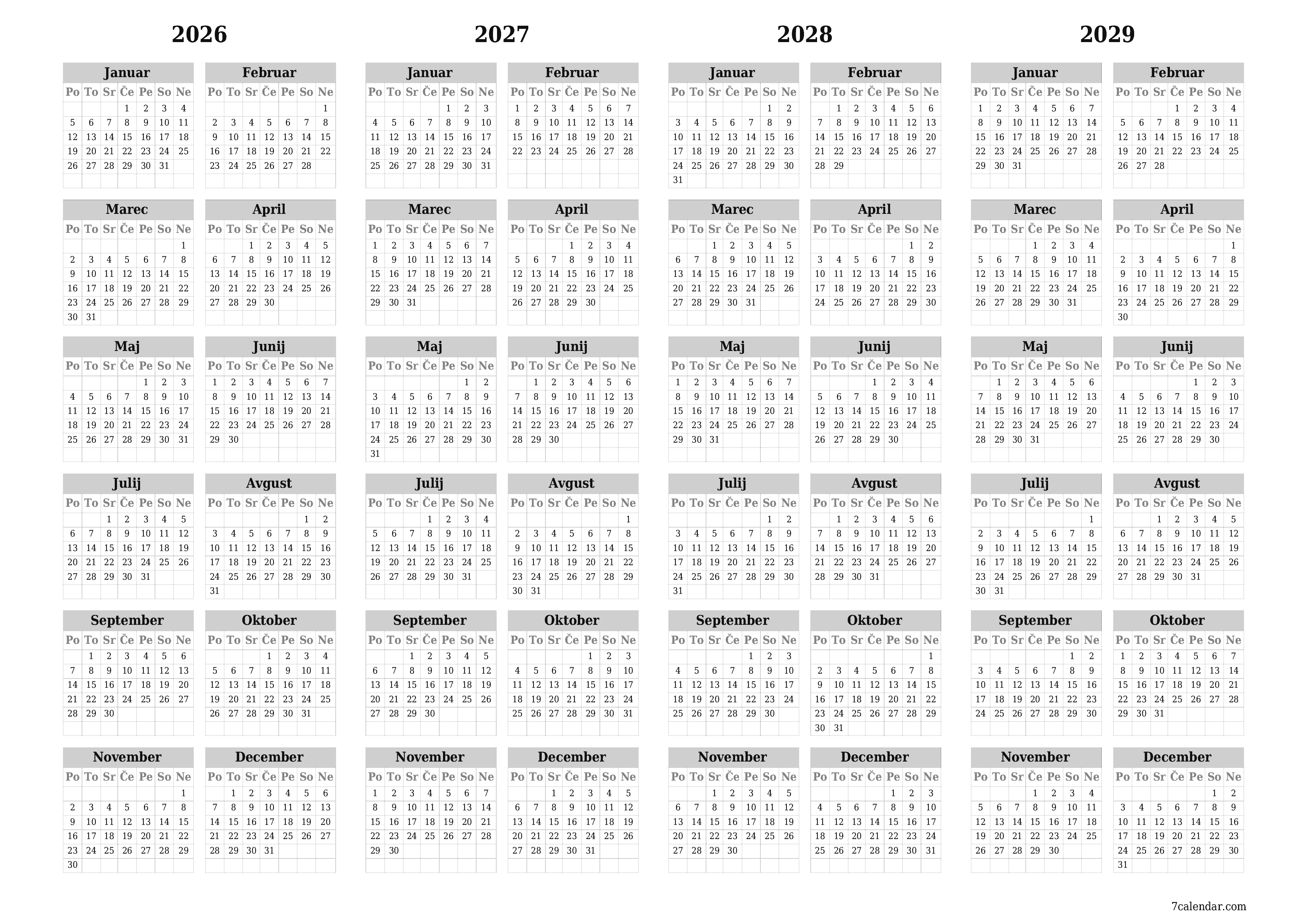 Prazen letni načrtovalec koledarja za leto 2026, 2027, 2028, 2029 z opombami za tiskanje v PDF-ju PNG Slovenian