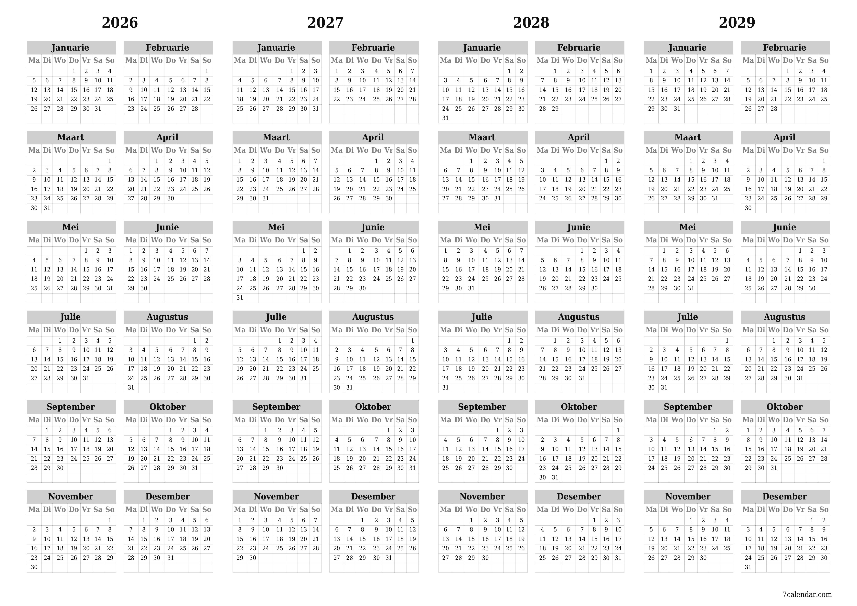 Leë jaarlikse drukbare kalender en beplanner vir die jaar 2026, 2027, 2028, 2029 met notas, stoor en druk na PDF PNG Afrikaans