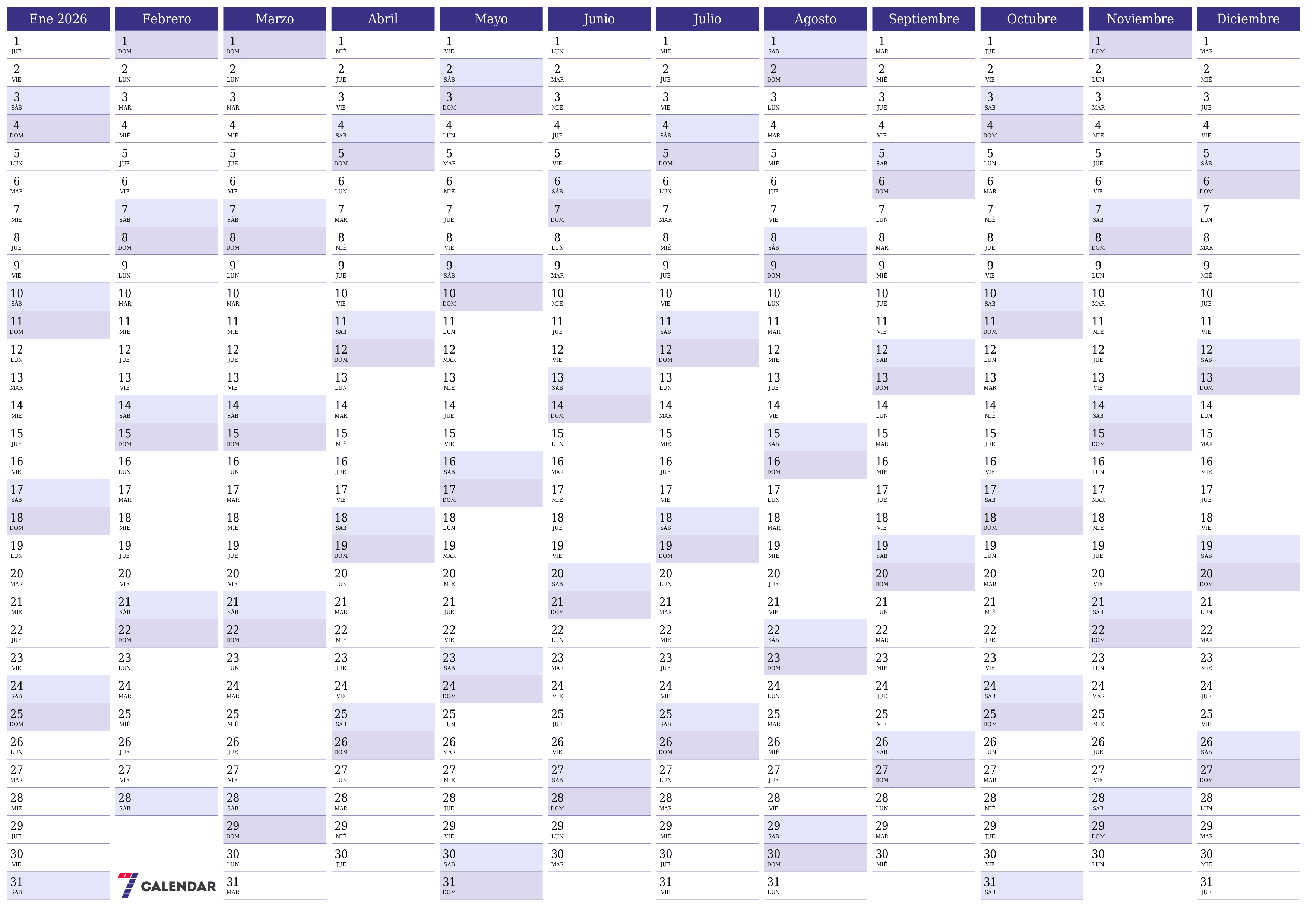 Calendario planificador anual vacío para el año 2026 con notas, guardar e imprimir en PDF PNG Spanish