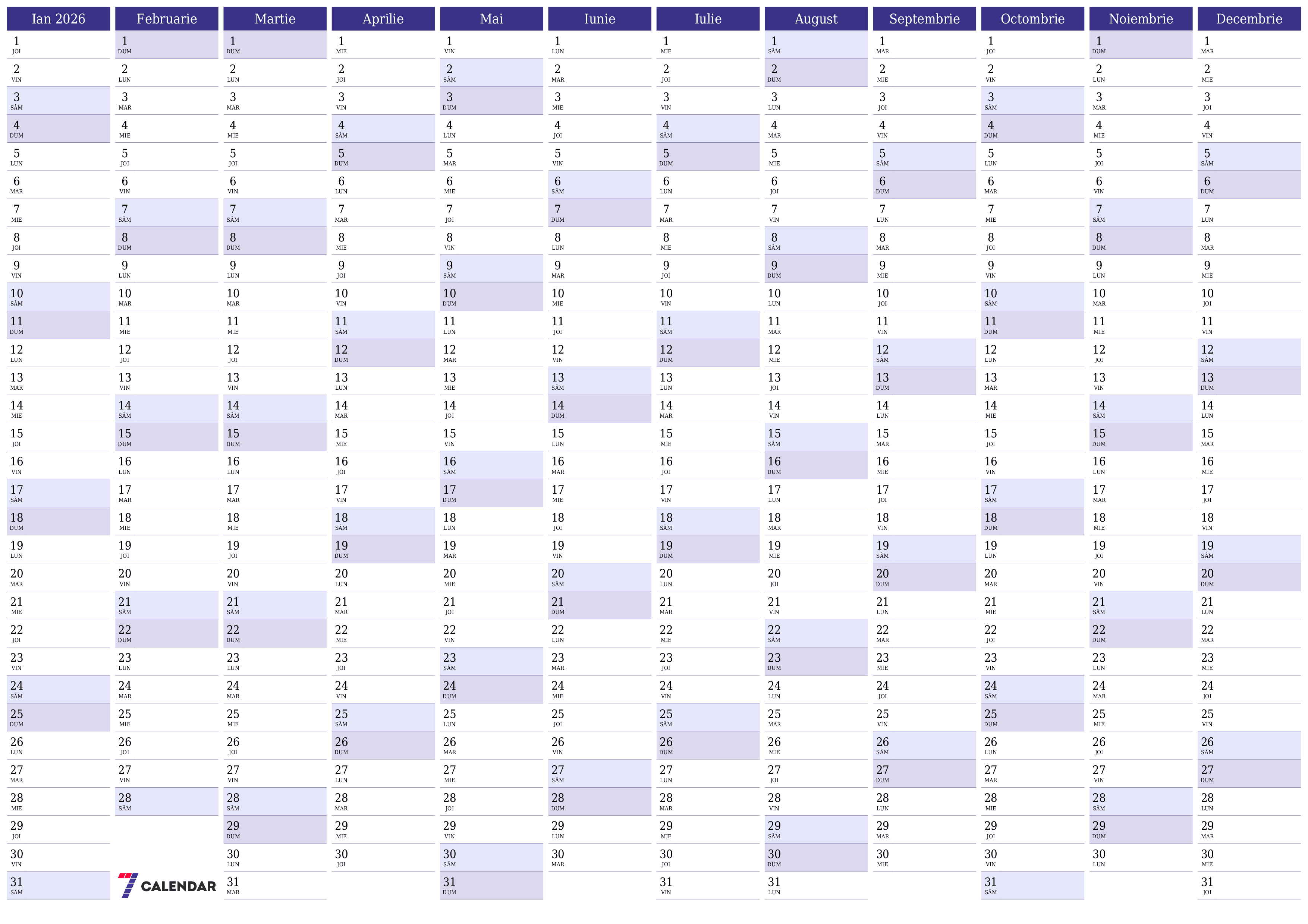 Goliți calendarul anual al planificatorului pentru anul 2026 cu note, salvați și tipăriți în PDF PNG Romanian