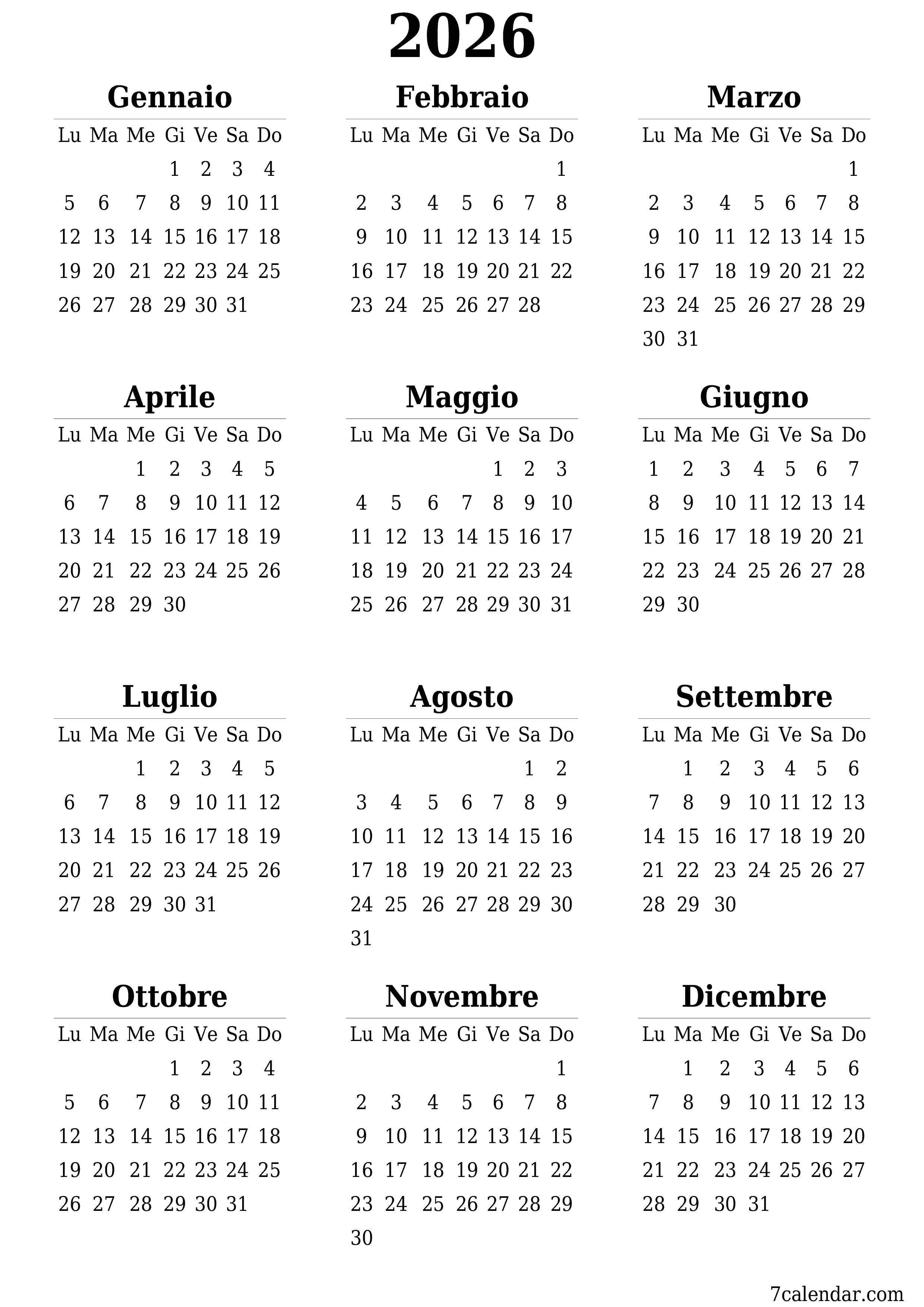 Calendario pianificatore annuale vuoto per l'anno 2026 con note, salva e stampa in PDF PNG Italian